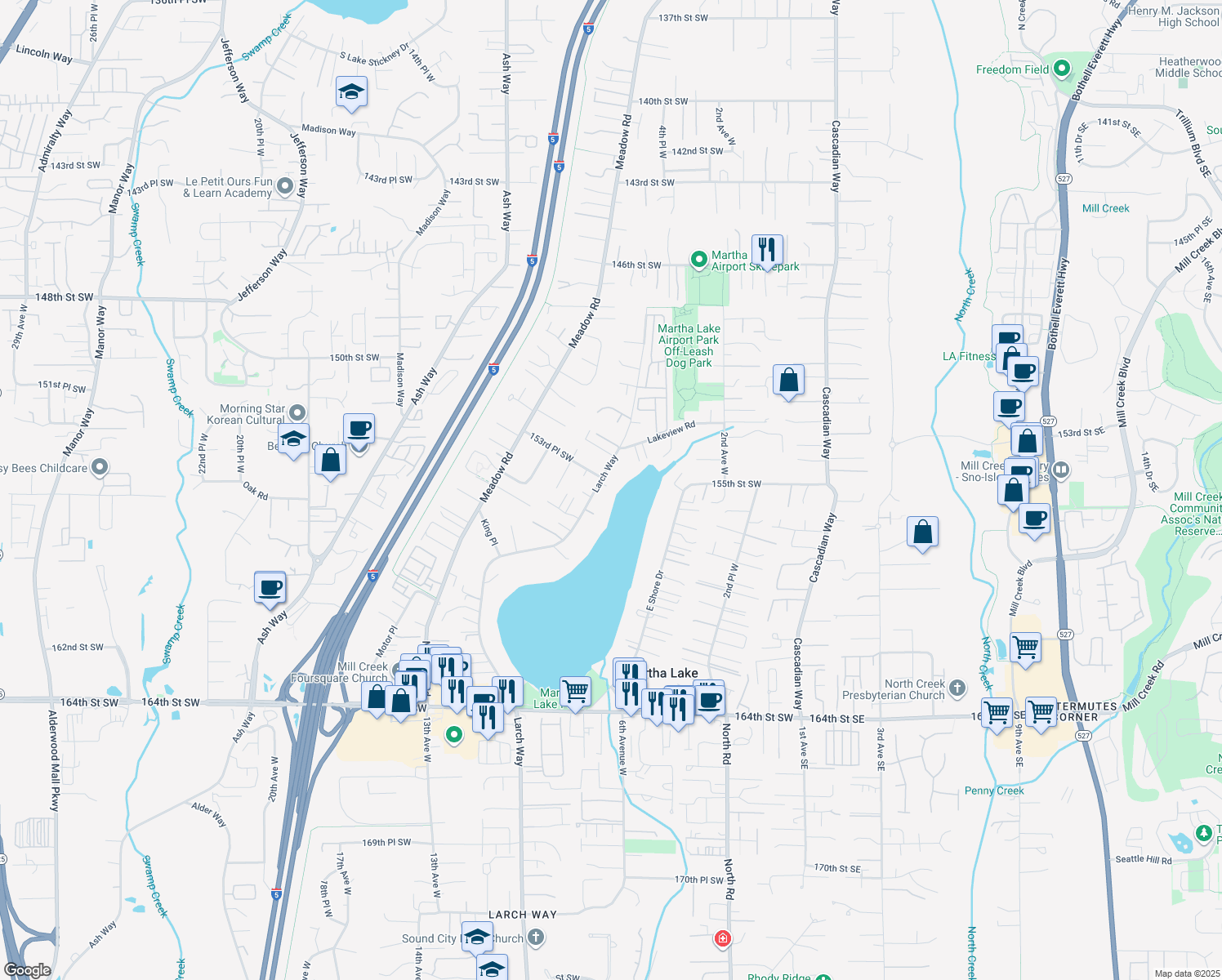 map of restaurants, bars, coffee shops, grocery stores, and more near 15509 Larch Way in Lynnwood