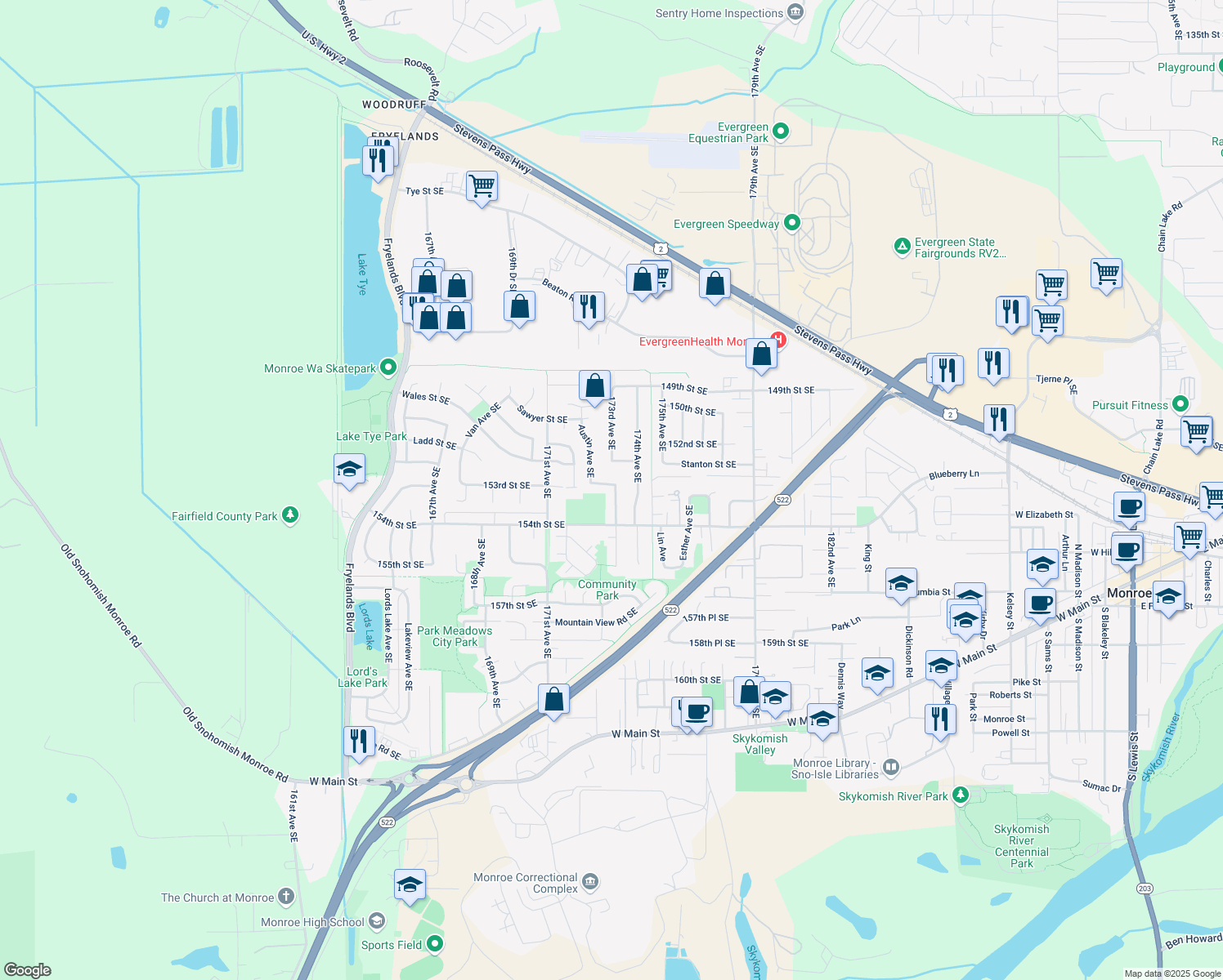 map of restaurants, bars, coffee shops, grocery stores, and more near 17290 153rd Street Southeast in Monroe