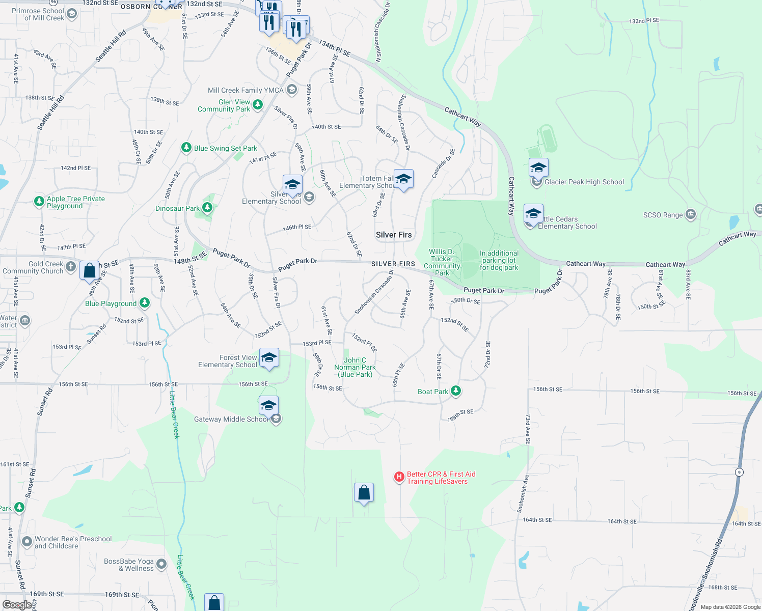 map of restaurants, bars, coffee shops, grocery stores, and more near 15021 63rd Drive Southeast in Snohomish