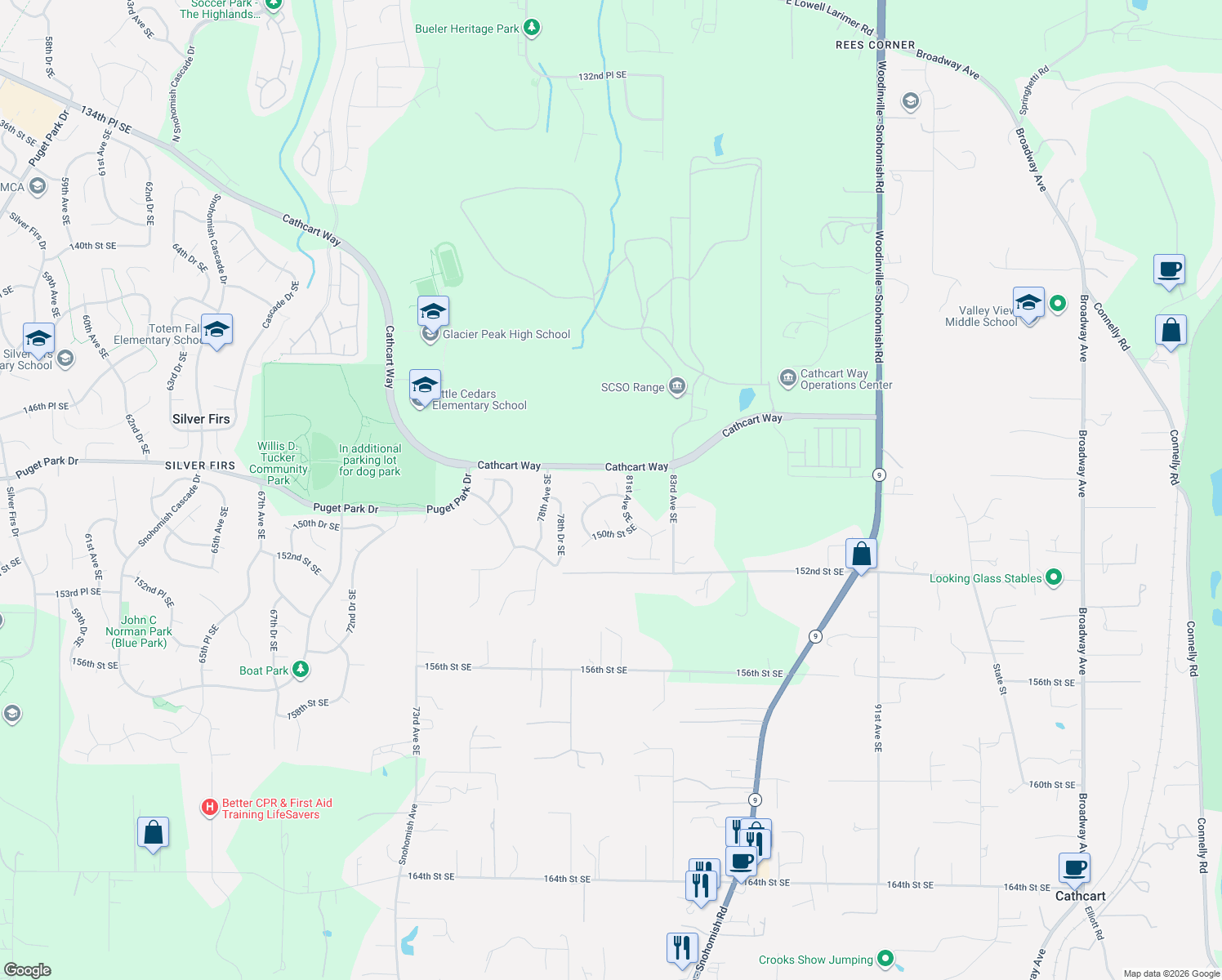 map of restaurants, bars, coffee shops, grocery stores, and more near 14828 80th Drive Southeast in Snohomish