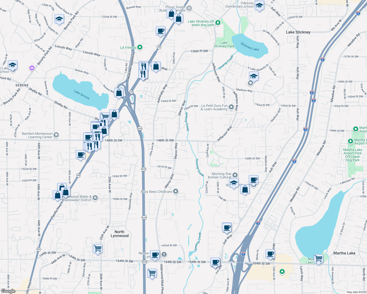 map of restaurants, bars, coffee shops, grocery stores, and more near 14828 26th Place West in Lynnwood