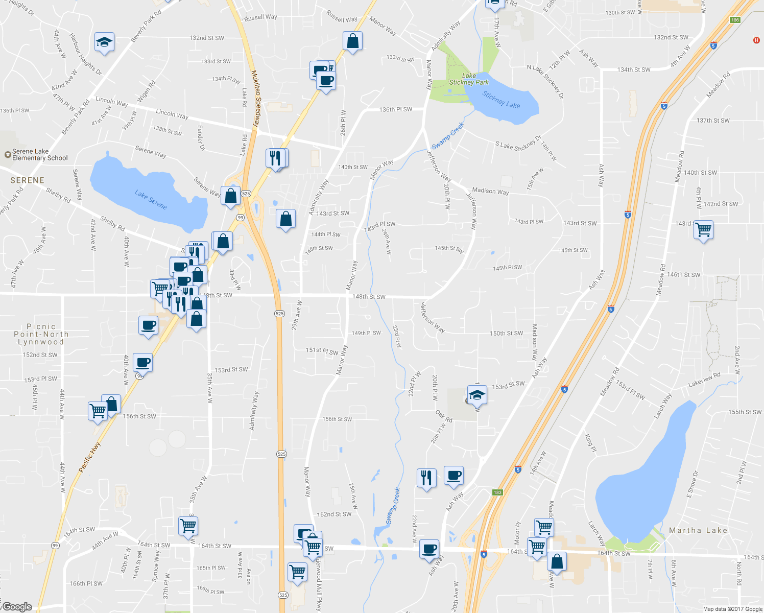 map of restaurants, bars, coffee shops, grocery stores, and more near 2408 148th Street Southwest in Lynnwood