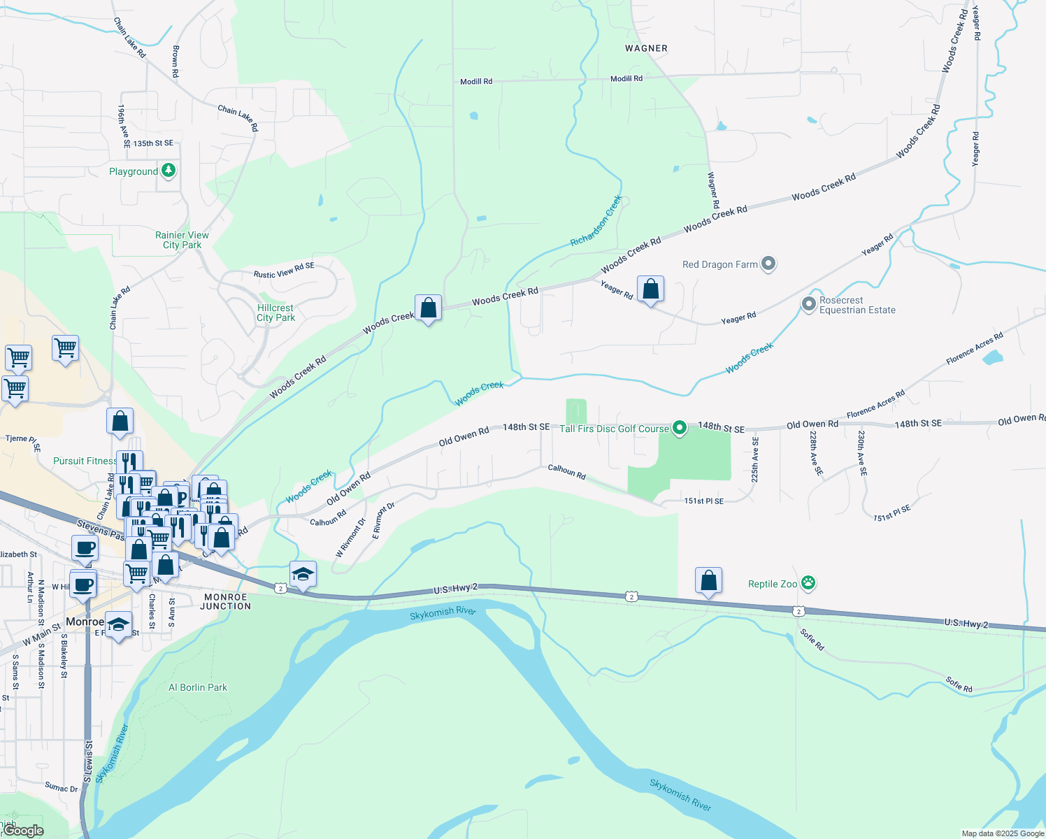 map of restaurants, bars, coffee shops, grocery stores, and more near 21415 Old Owen Rd in Monroe