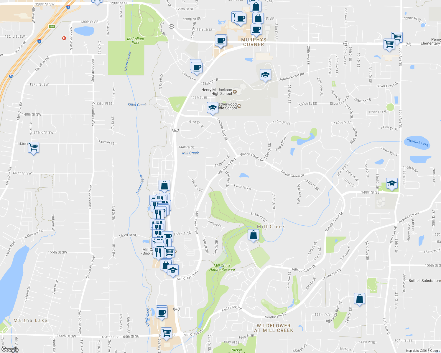 map of restaurants, bars, coffee shops, grocery stores, and more near 1516 148th Place Southeast in Mill Creek