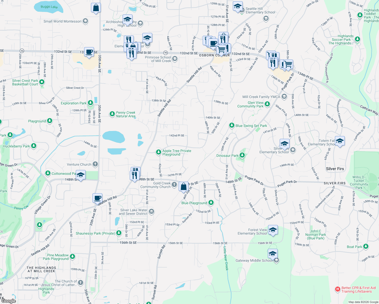 map of restaurants, bars, coffee shops, grocery stores, and more near 4617 144th Place Southeast in Snohomish