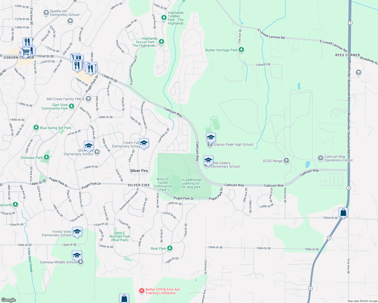 map of restaurants, bars, coffee shops, grocery stores, and more near 14333 71st Avenue Southeast in Snohomish