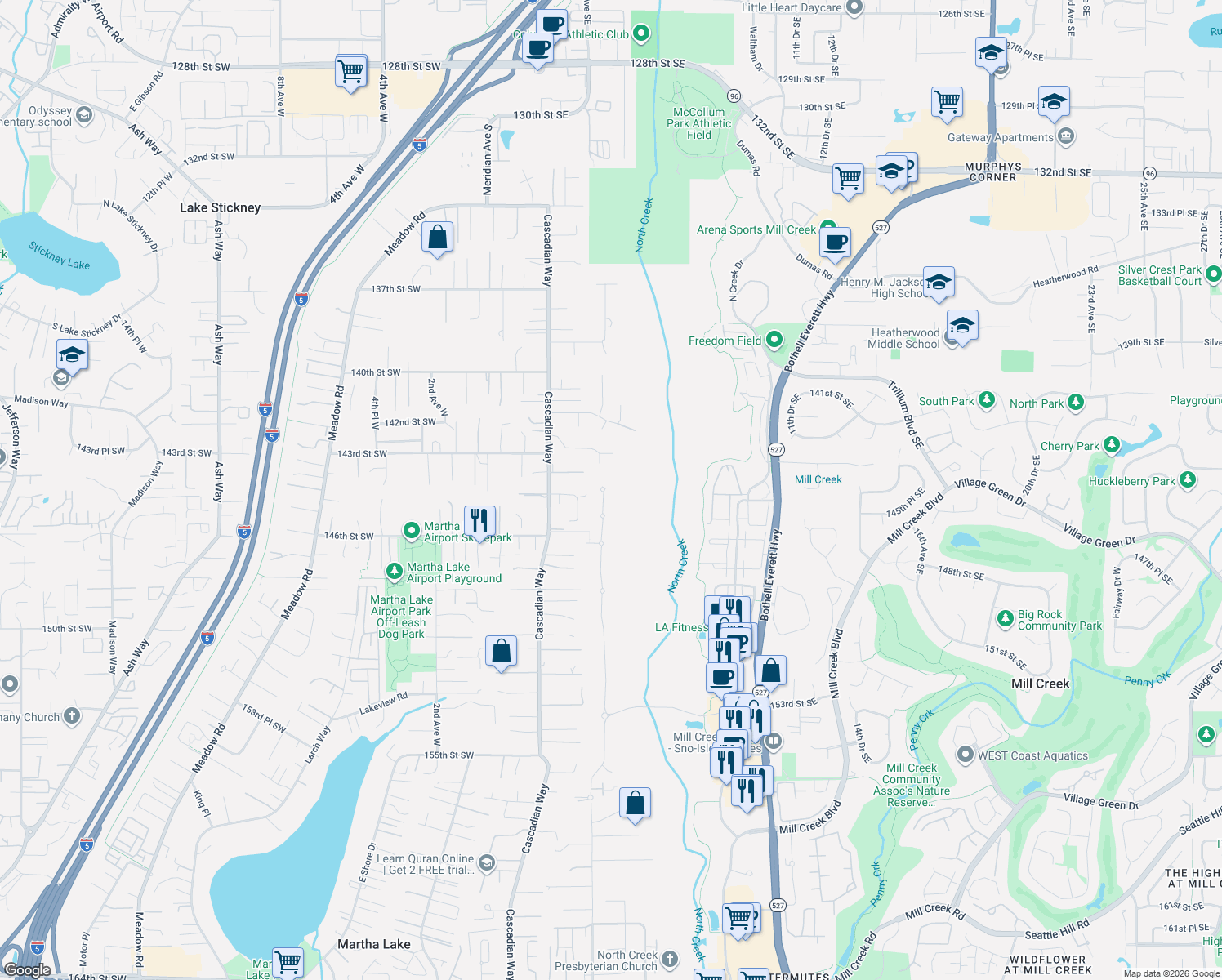 map of restaurants, bars, coffee shops, grocery stores, and more near 14419 3rd Drive Southeast in Mill Creek