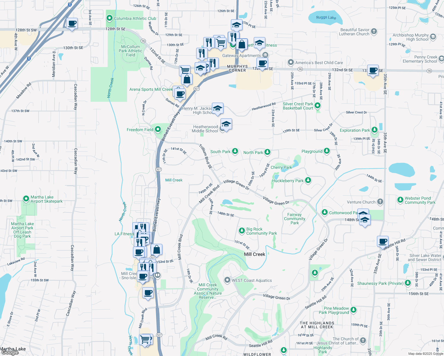 map of restaurants, bars, coffee shops, grocery stores, and more near 1712 144th Place Southeast in Mill Creek