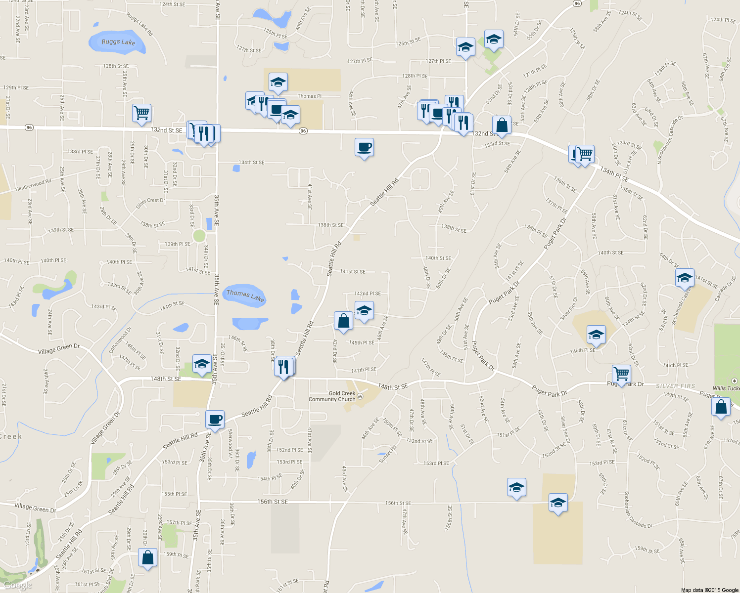 map of restaurants, bars, coffee shops, grocery stores, and more near 4504 142nd Place Southeast in Snohomish