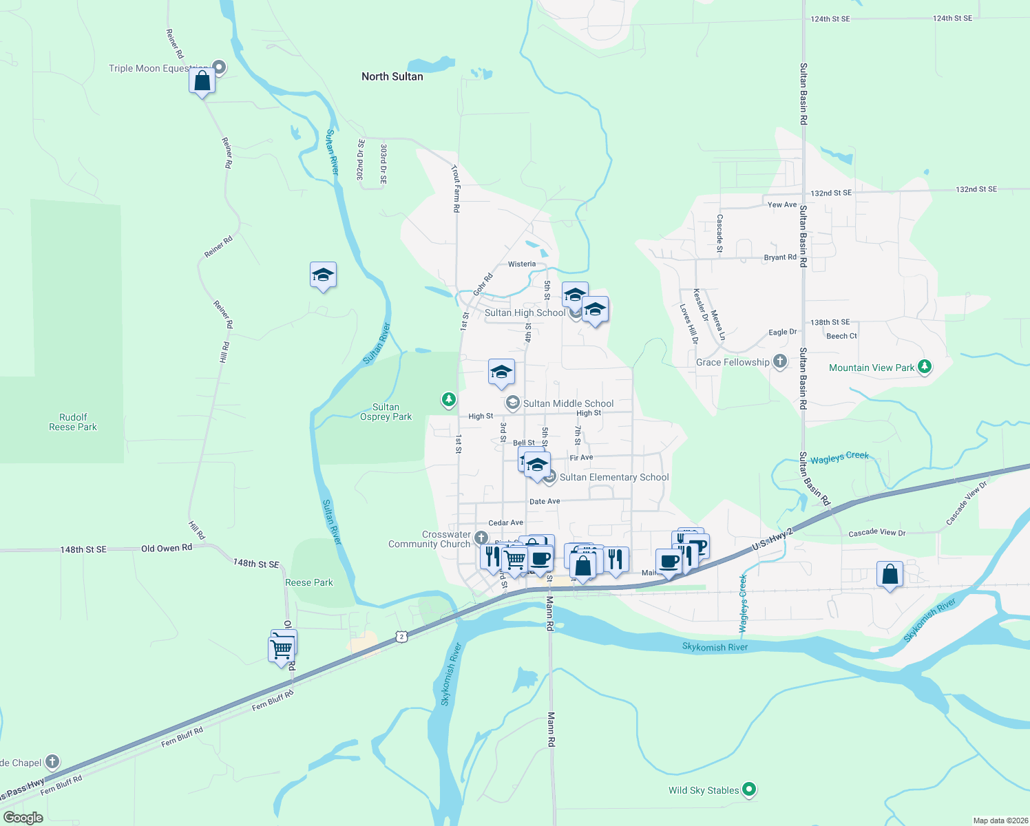 map of restaurants, bars, coffee shops, grocery stores, and more near 301 High Ave in Sultan