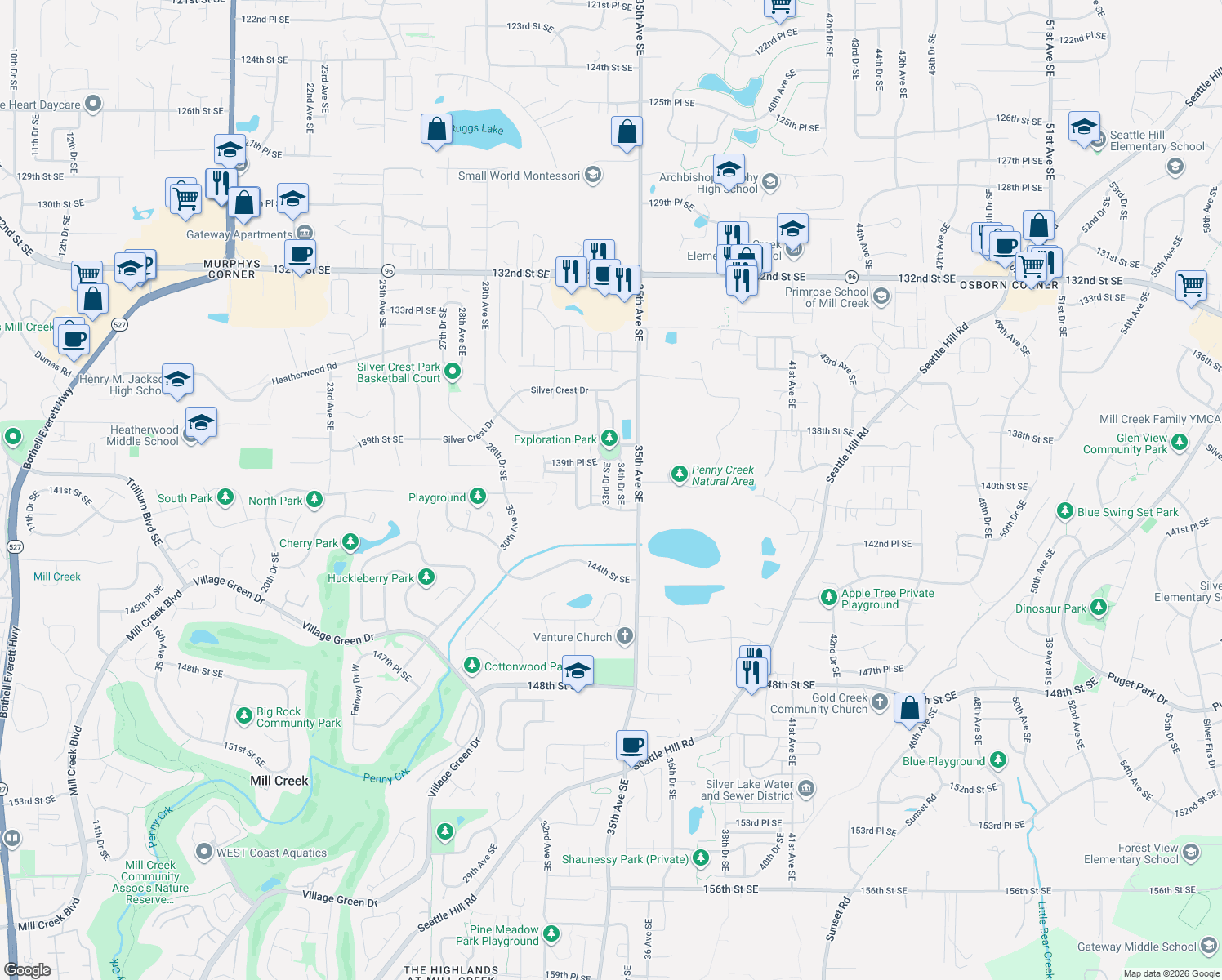 map of restaurants, bars, coffee shops, grocery stores, and more near 14019 33rd Drive Southeast in Mill Creek