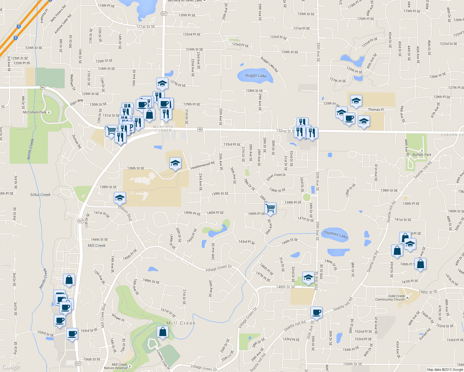 map of restaurants, bars, coffee shops, grocery stores, and more near 13816 26th Avenue Southeast in Mill Creek