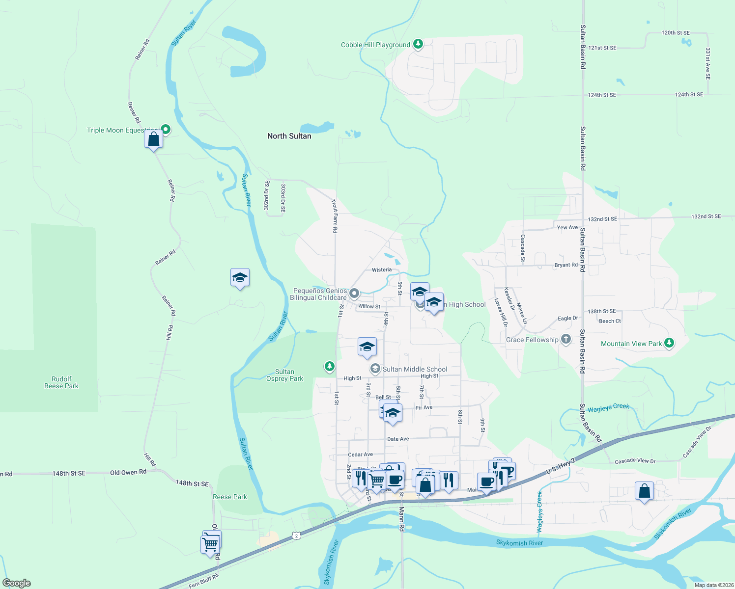 map of restaurants, bars, coffee shops, grocery stores, and more near 211 Willow Wind Place in Sultan