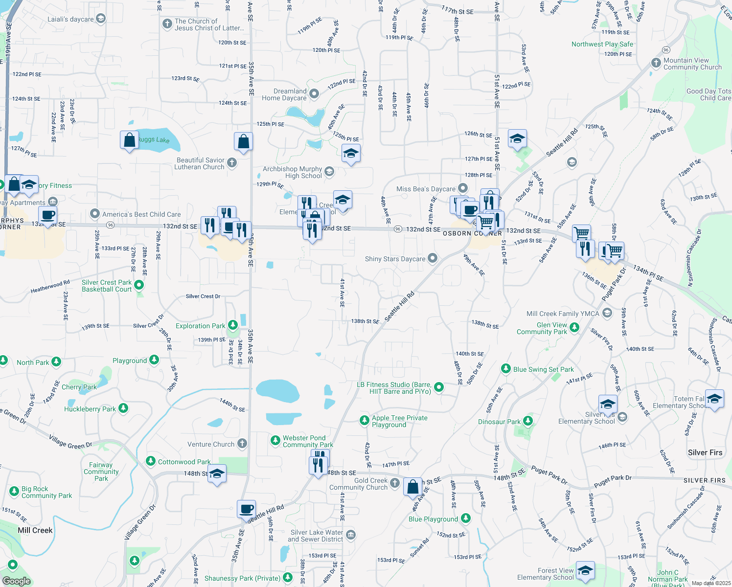 map of restaurants, bars, coffee shops, grocery stores, and more near 13615 42nd Ave SE in Mill Creek