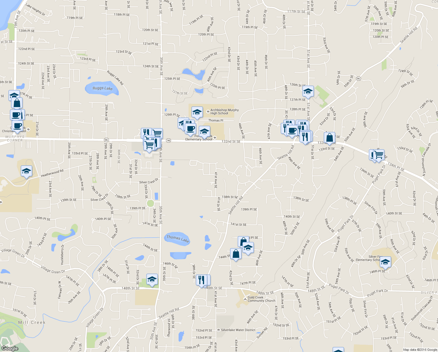 map of restaurants, bars, coffee shops, grocery stores, and more near 13523 41st Avenue Southeast in Mill Creek