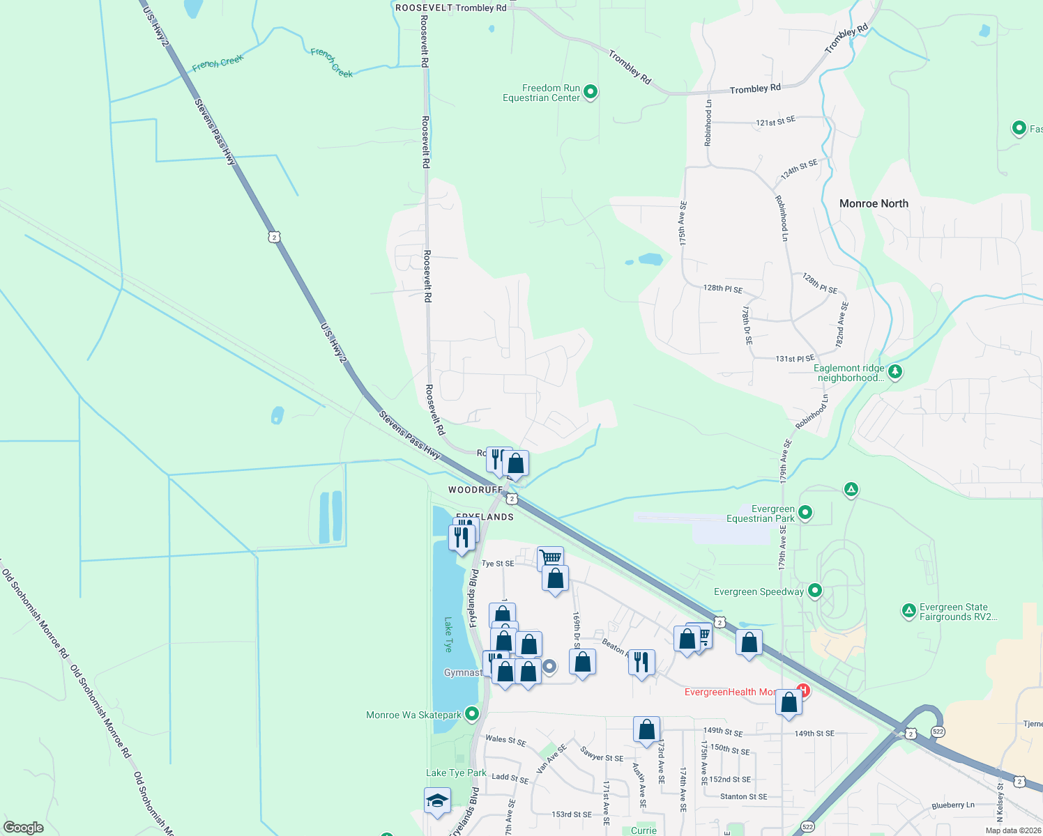 map of restaurants, bars, coffee shops, grocery stores, and more near 13436 Prospector Ridge Rd SE in Monroe