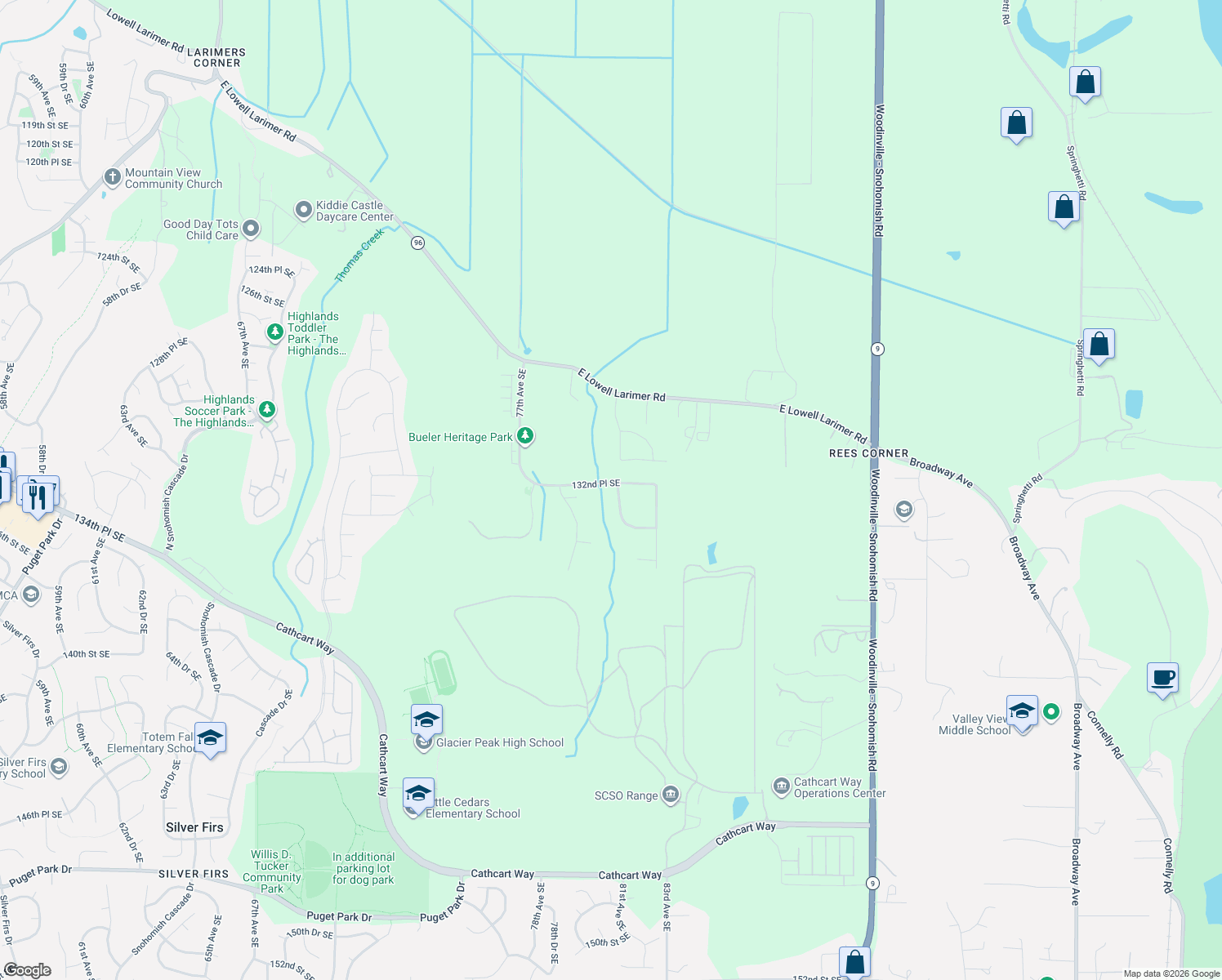 map of restaurants, bars, coffee shops, grocery stores, and more near 13224 81st Avenue Southeast in Snohomish