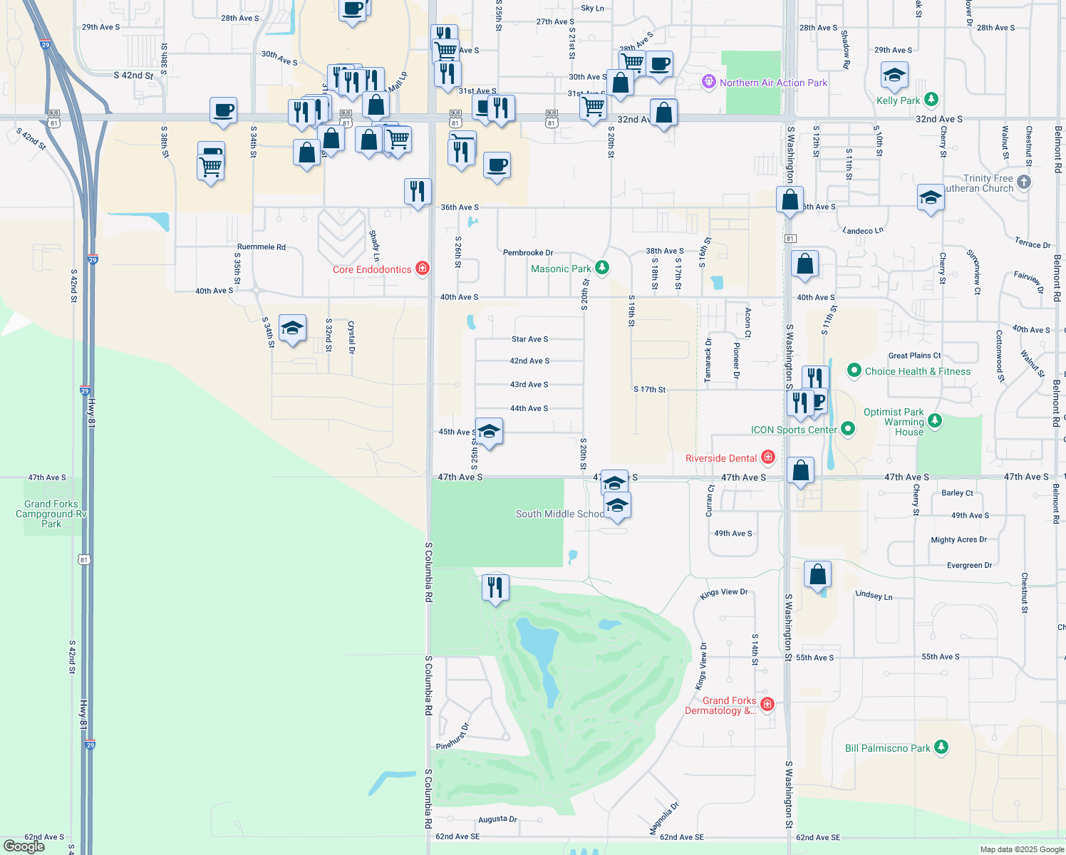 map of restaurants, bars, coffee shops, grocery stores, and more near 2230 45th Ave S in Grand Forks