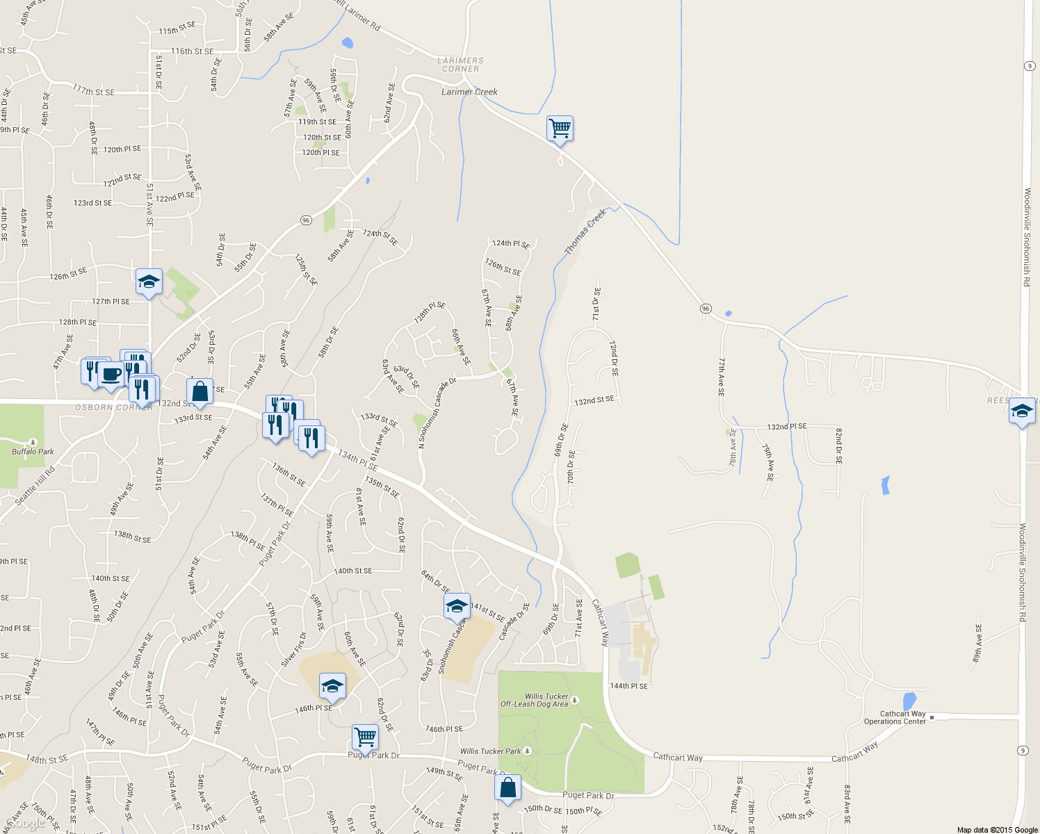 map of restaurants, bars, coffee shops, grocery stores, and more near 6720 132nd Place Southeast in Snohomish