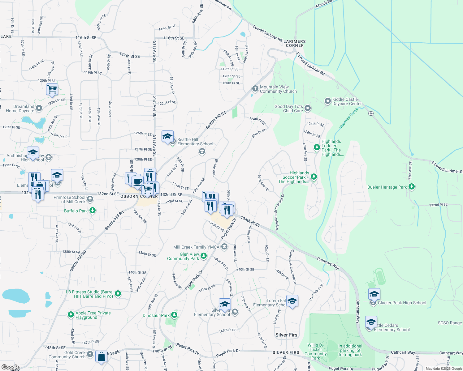 map of restaurants, bars, coffee shops, grocery stores, and more near 13101 58th Drive Southeast in Snohomish