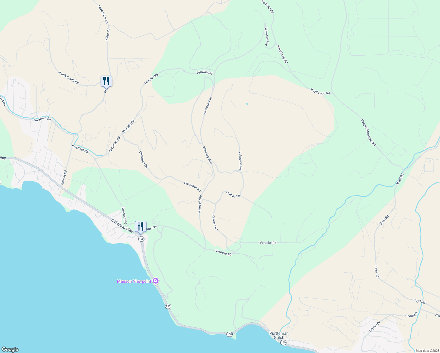map of restaurants, bars, coffee shops, grocery stores, and more near 215 Lakayuse Road in Manson