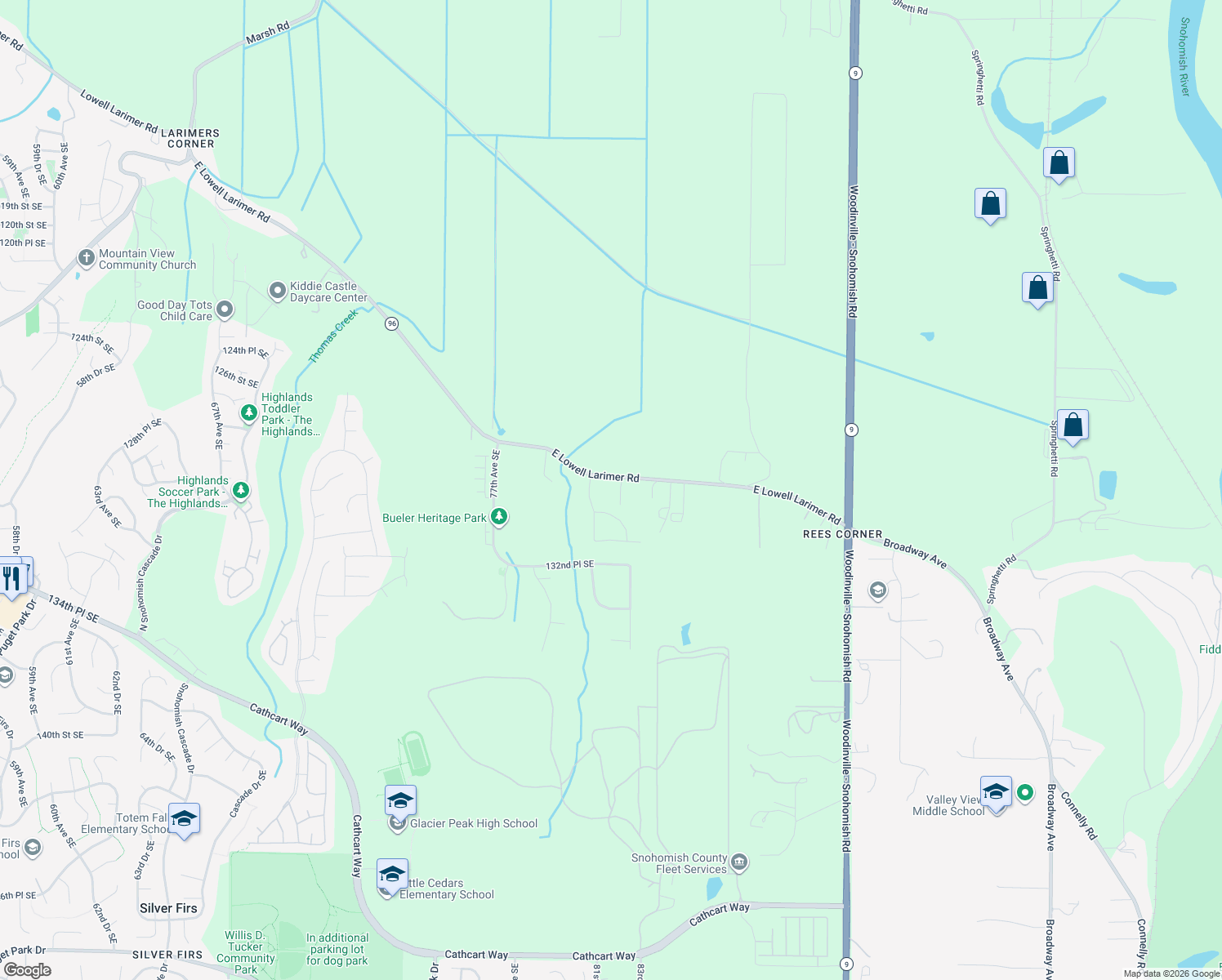 map of restaurants, bars, coffee shops, grocery stores, and more near 8124 East Lowell Larimer Road in Snohomish