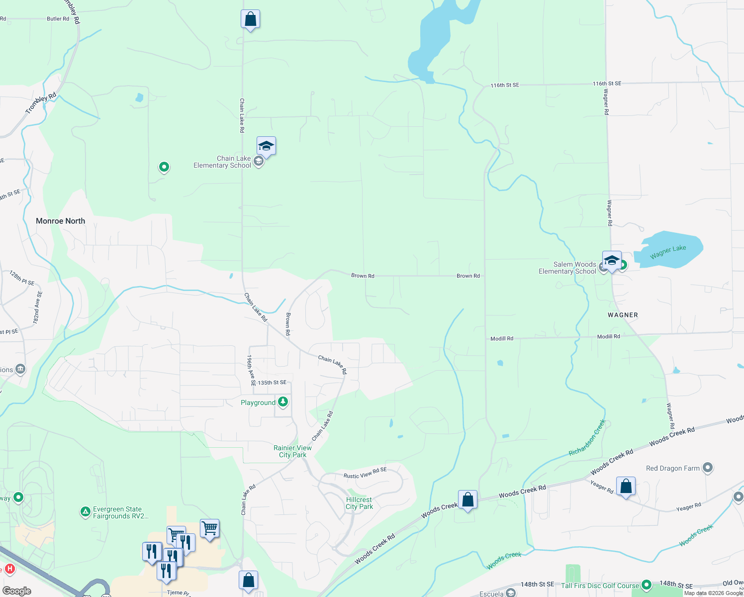 map of restaurants, bars, coffee shops, grocery stores, and more near 12917 203rd Avenue Southeast in Monroe