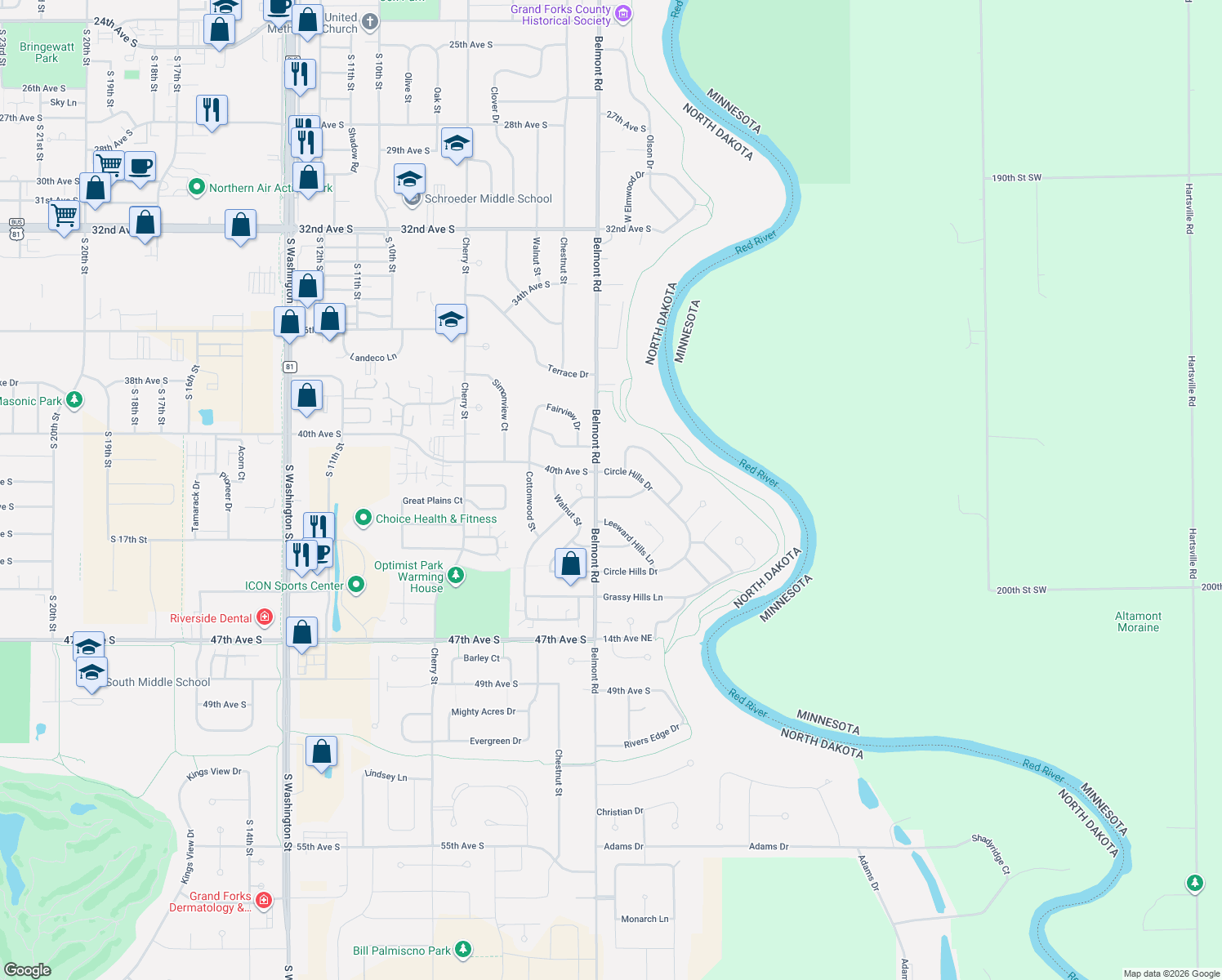map of restaurants, bars, coffee shops, grocery stores, and more near 224 Plain Hills Dr in Grand Forks