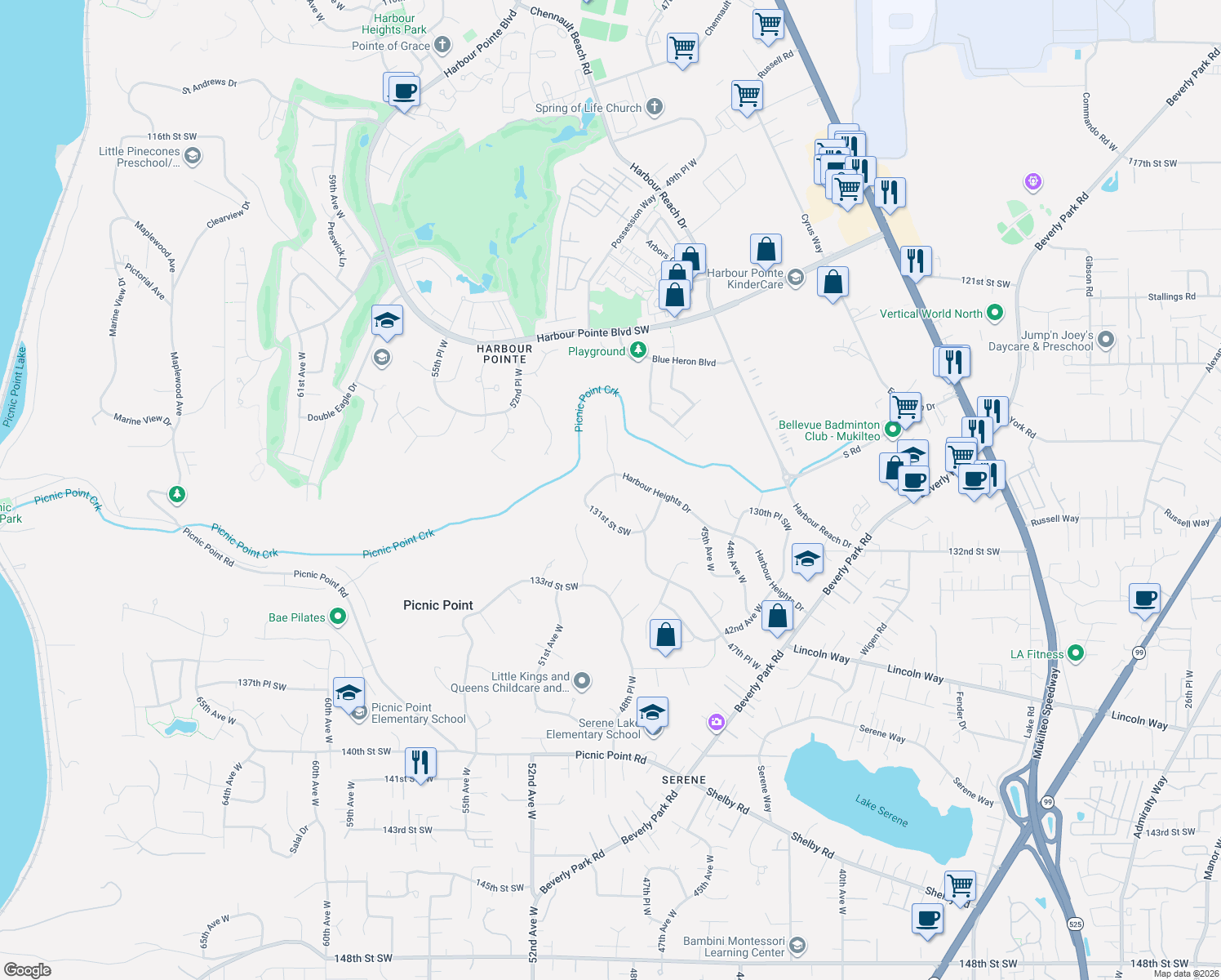 map of restaurants, bars, coffee shops, grocery stores, and more near 12916 49th Avenue West in Mukilteo