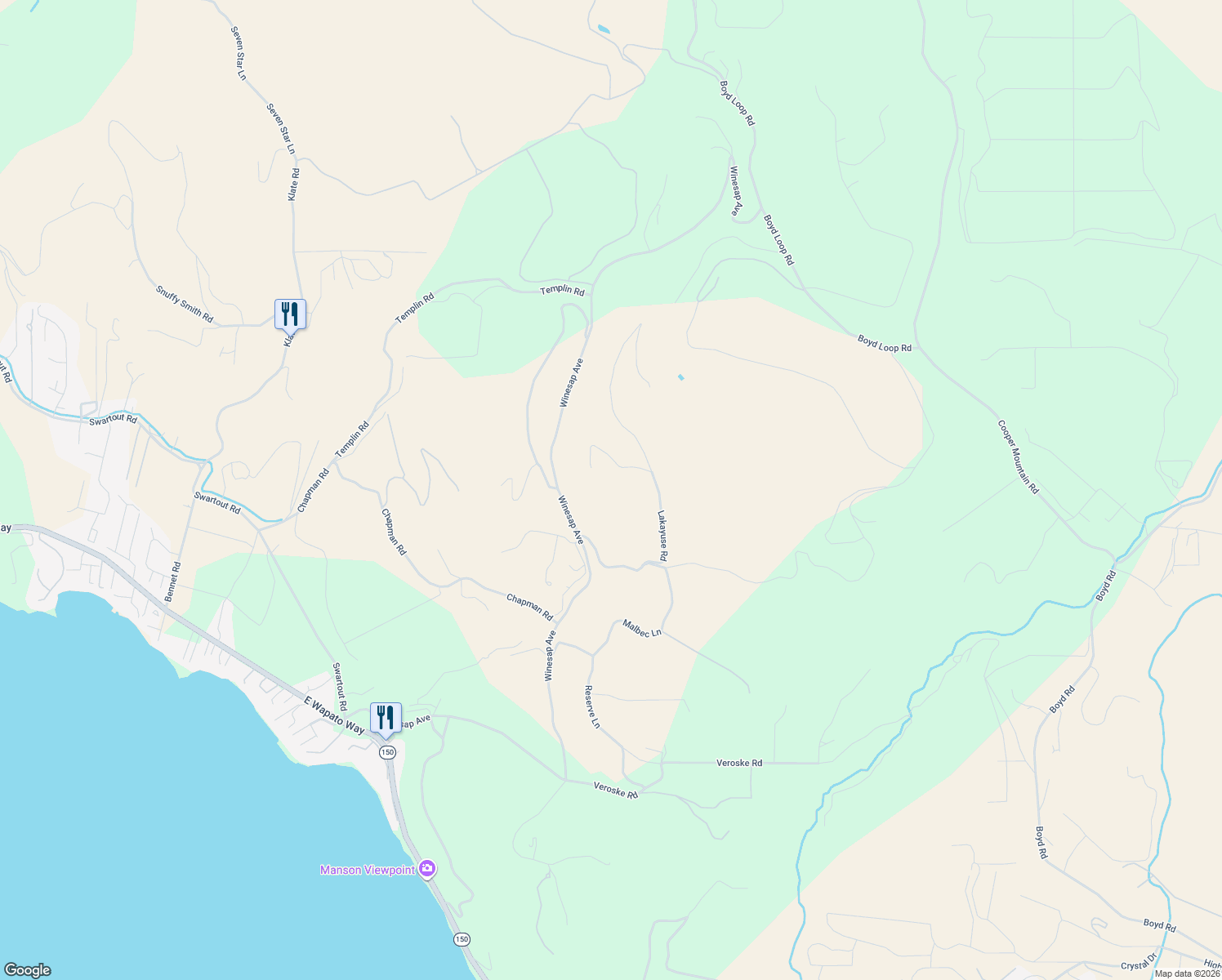 map of restaurants, bars, coffee shops, grocery stores, and more near 485 Lakayuse Road in Manson