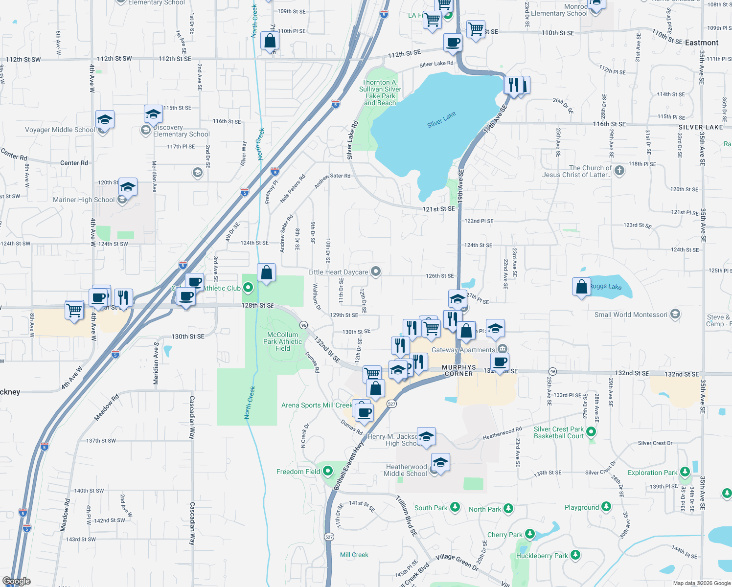 map of restaurants, bars, coffee shops, grocery stores, and more near 12707 12th Drive Southeast in Everett
