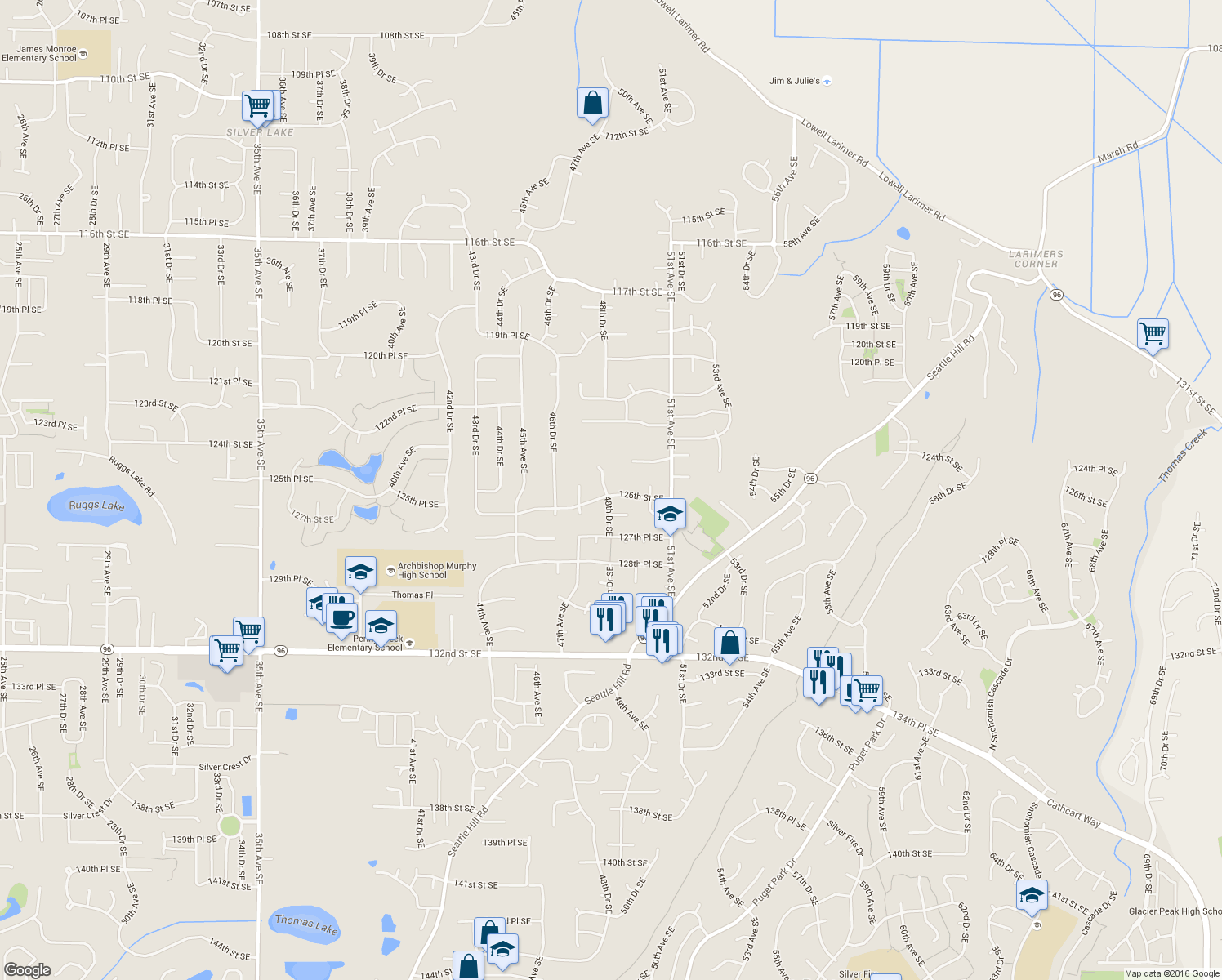 map of restaurants, bars, coffee shops, grocery stores, and more near 12531 48th Drive Southeast in Everett