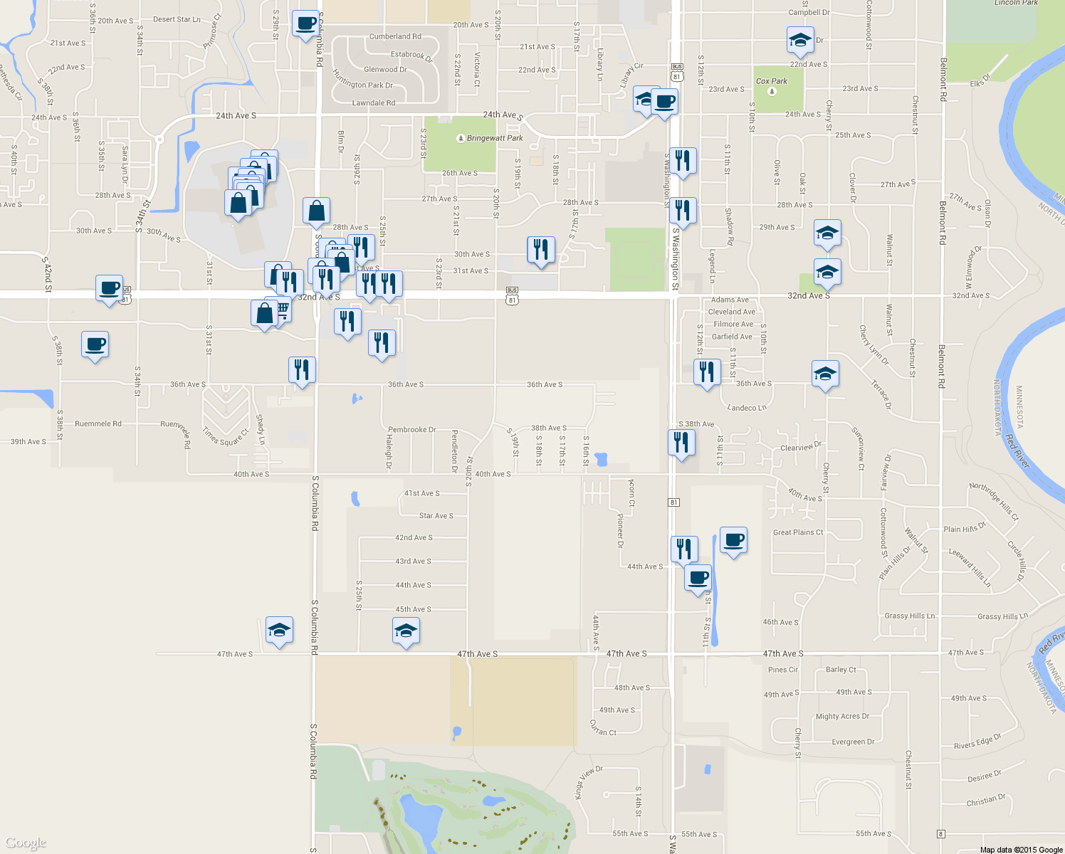 map of restaurants, bars, coffee shops, grocery stores, and more near 1660 38th Avenue South in Grand Forks