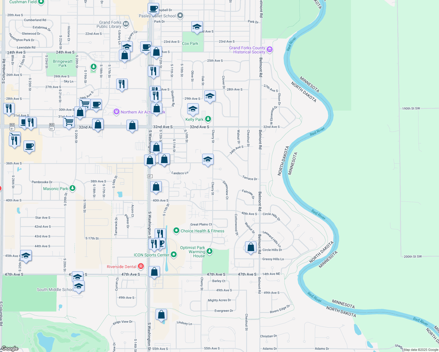 map of restaurants, bars, coffee shops, grocery stores, and more near 3707 Simonview Ct in Grand Forks