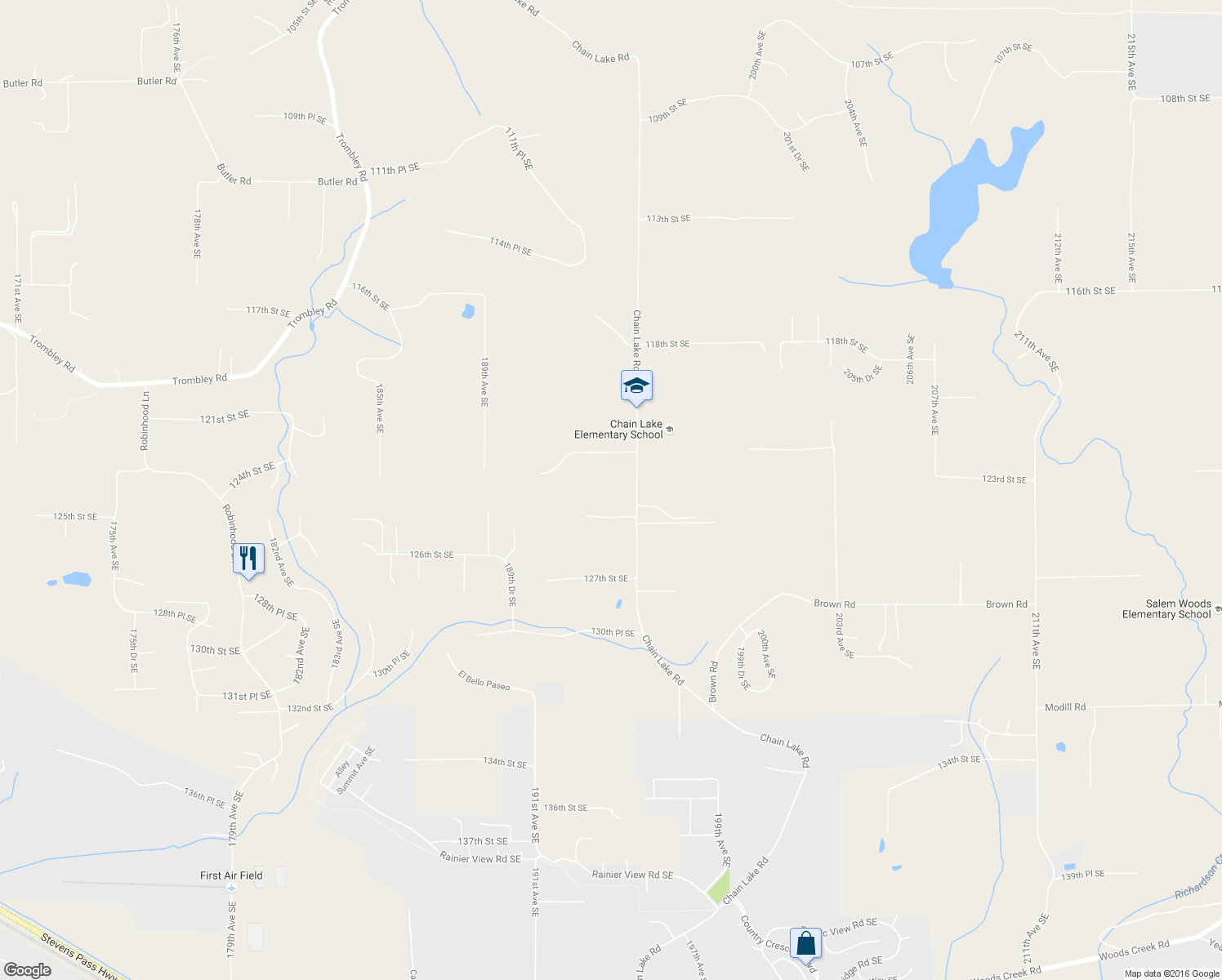 map of restaurants, bars, coffee shops, grocery stores, and more near 12320 Chain Lake Road in Snohomish