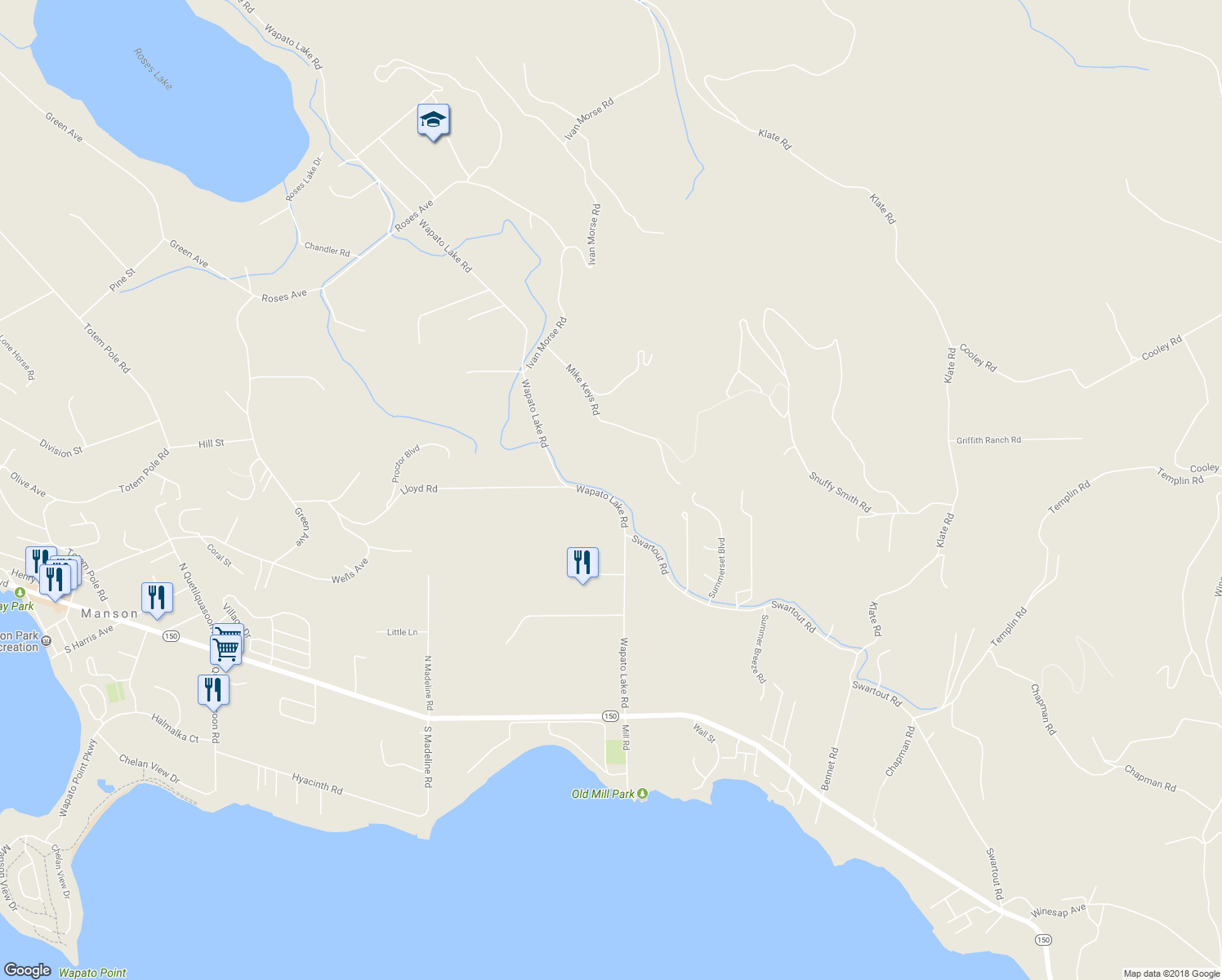 map of restaurants, bars, coffee shops, grocery stores, and more near 744 Wapato Lake Road in Manson