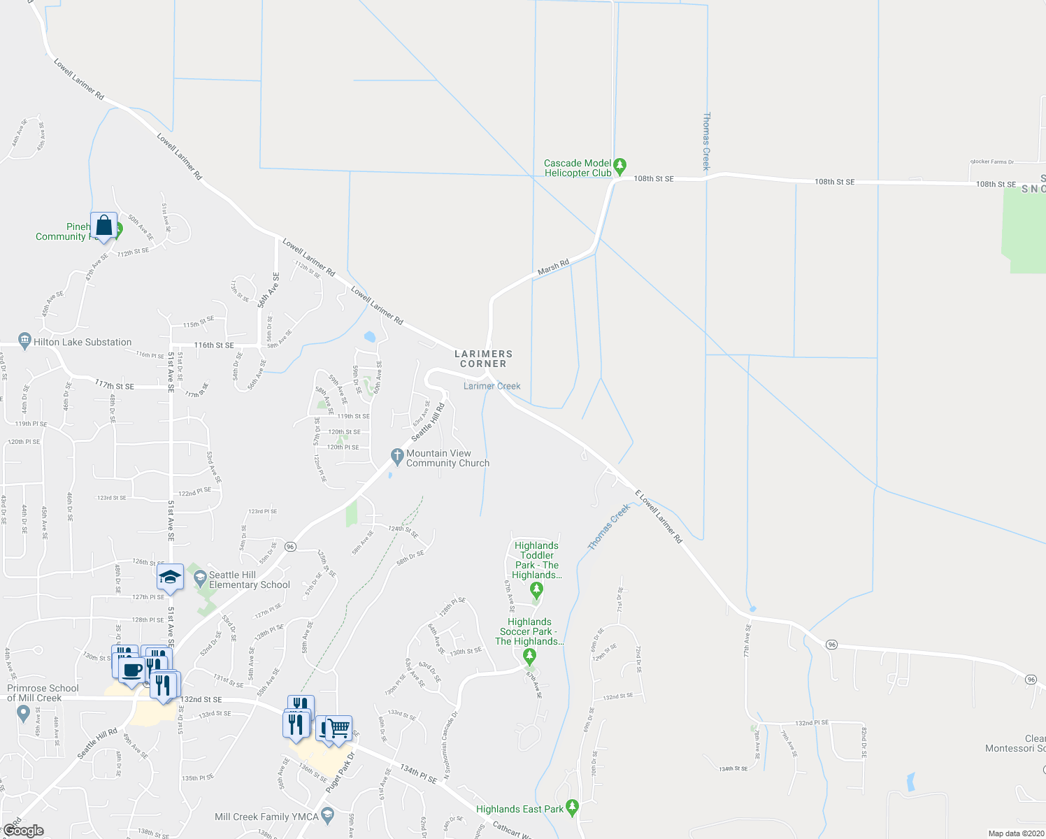 map of restaurants, bars, coffee shops, grocery stores, and more near 6620 East Lowell Larimer Road in Snohomish