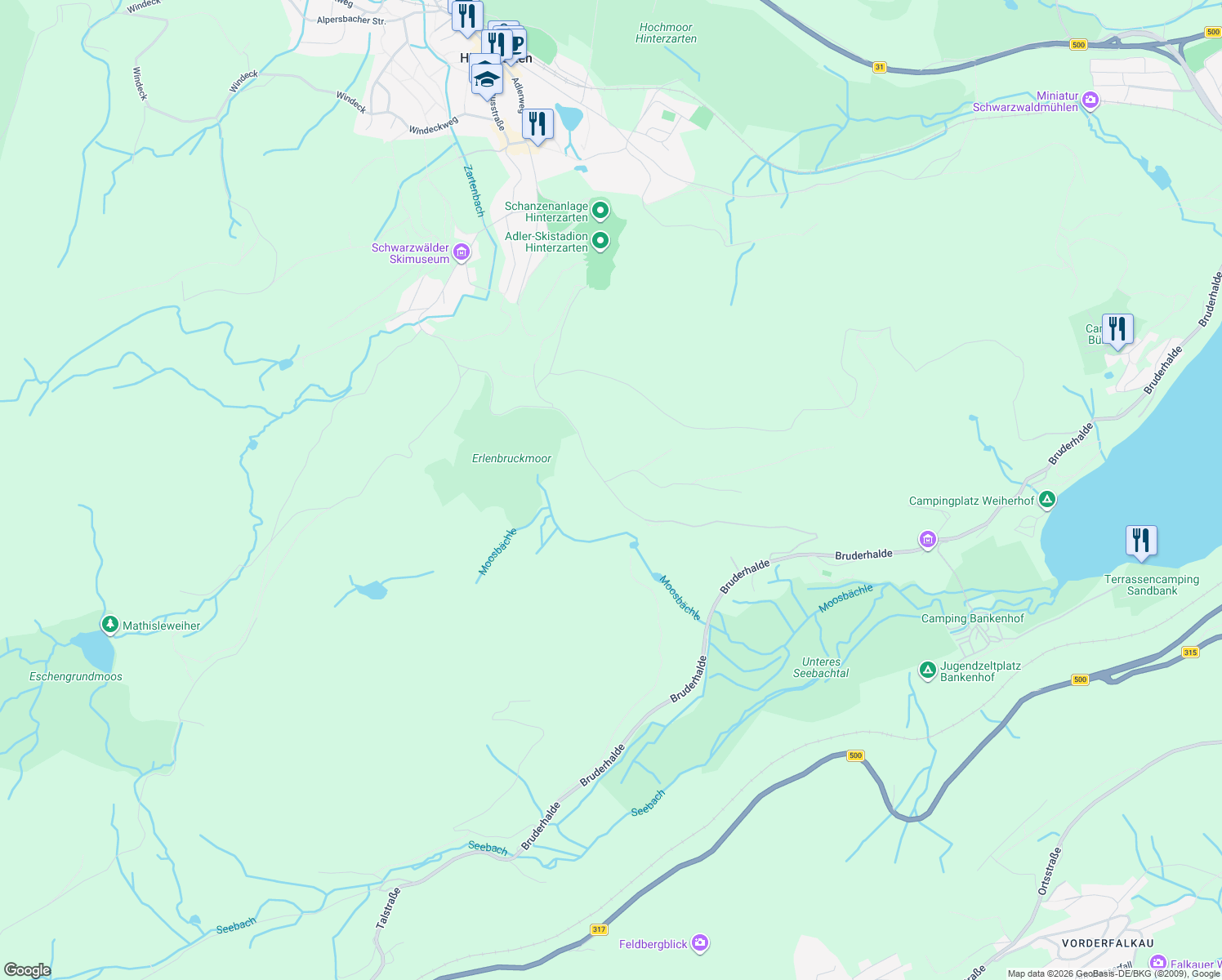 map of restaurants, bars, coffee shops, grocery stores, and more near Erlenbruck in Hinterzarten