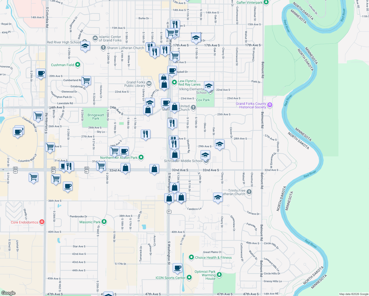 map of restaurants, bars, coffee shops, grocery stores, and more near 1109 29th Avenue South in Grand Forks