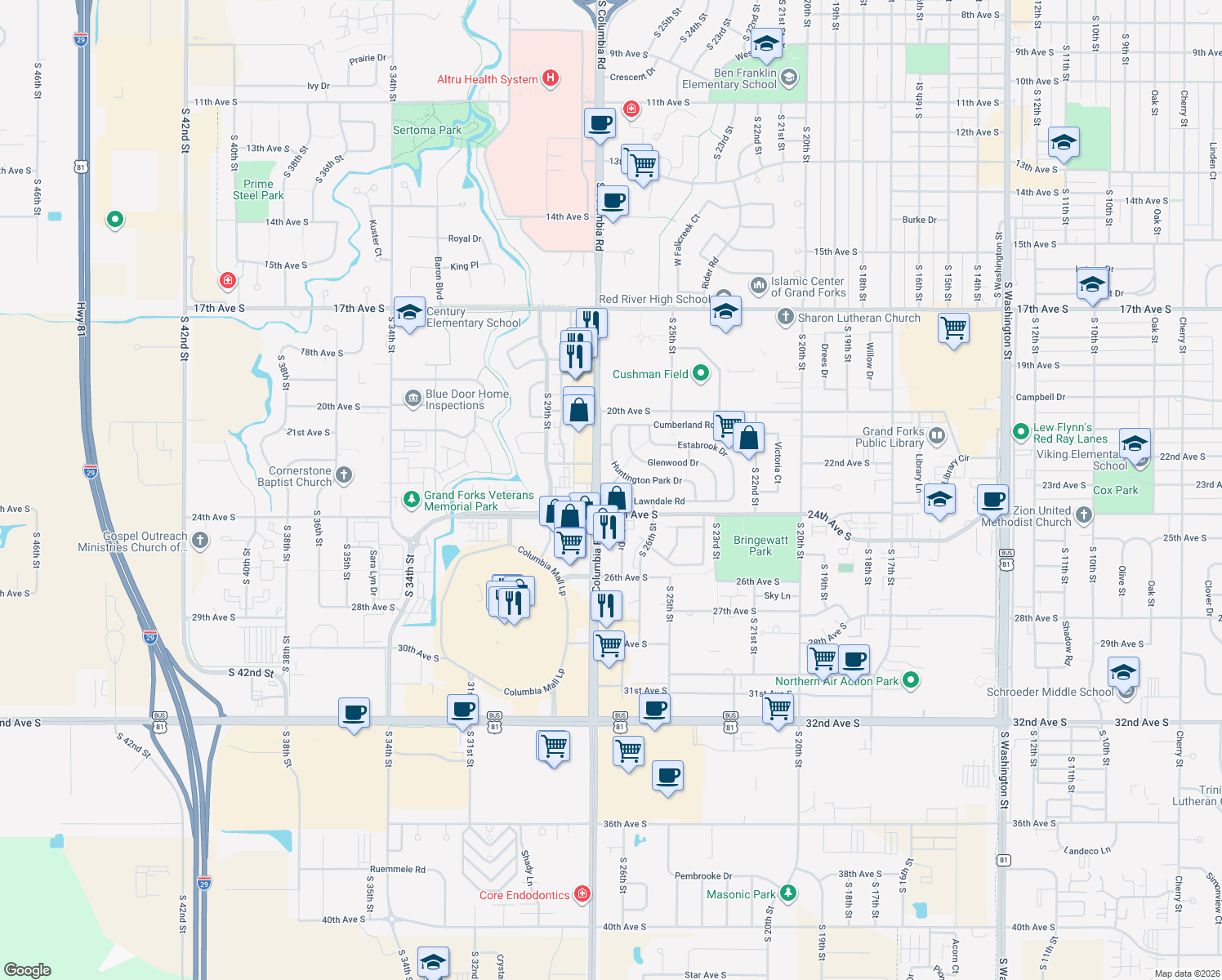 map of restaurants, bars, coffee shops, grocery stores, and more near 2565 Lawndale Road in Grand Forks