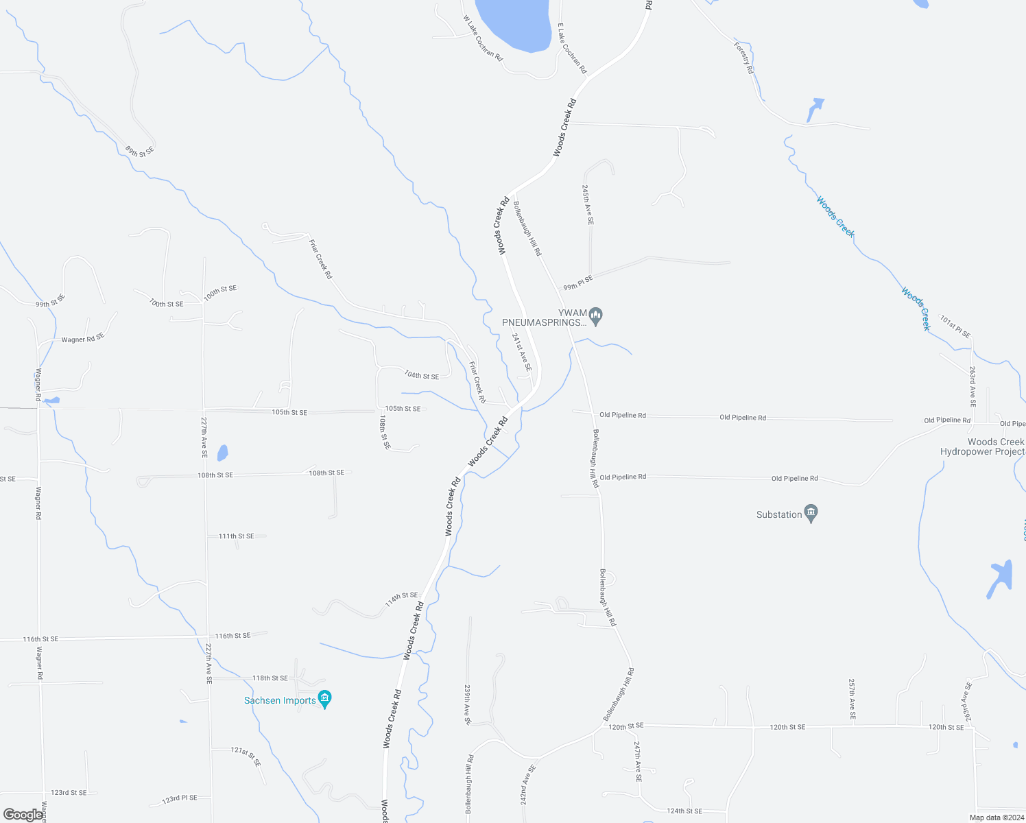 map of restaurants, bars, coffee shops, grocery stores, and more near Woods Creek Rd & Friar Creek Rd in Woods Creek