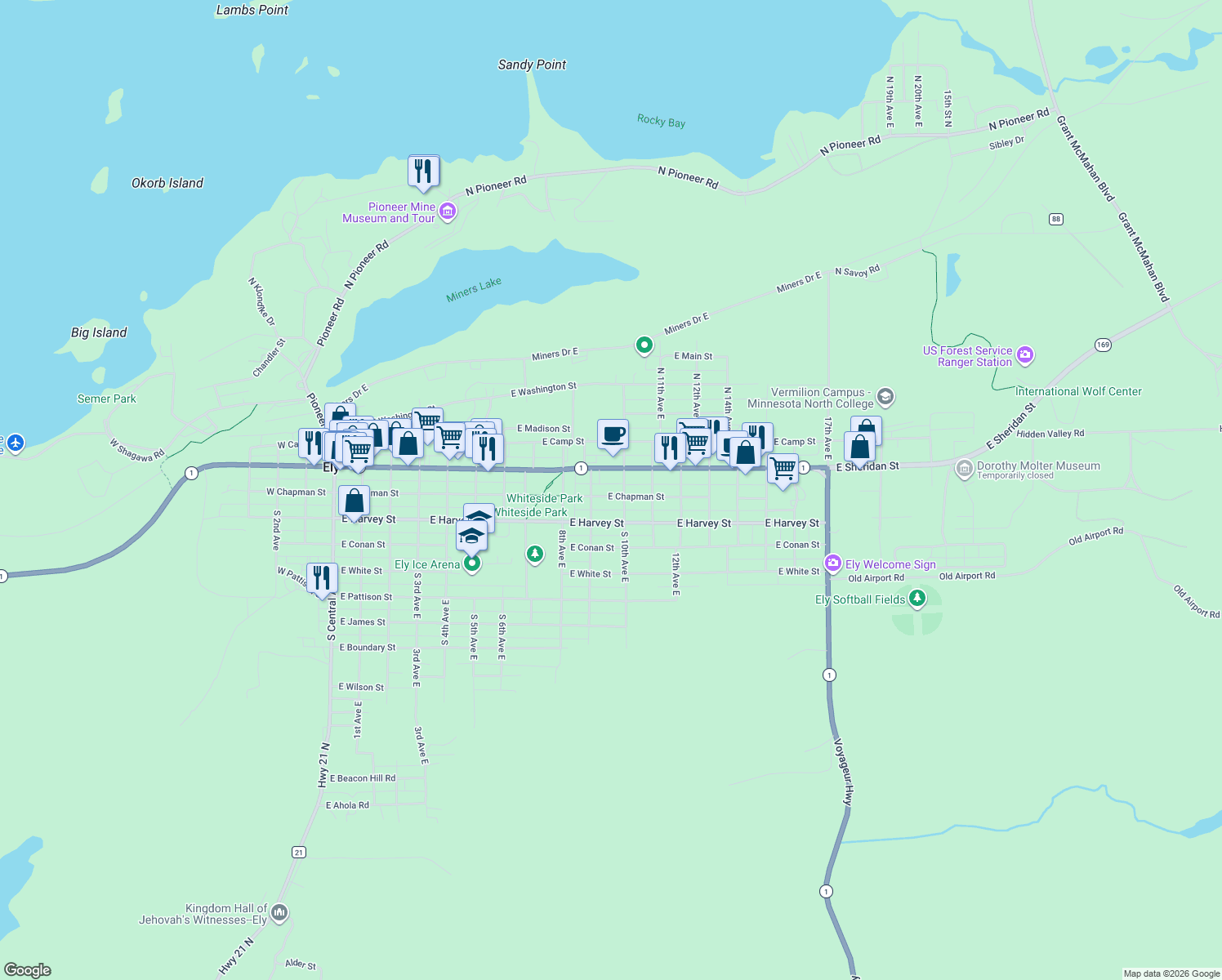 map of restaurants, bars, coffee shops, grocery stores, and more near 935 East Chapman Street in Ely