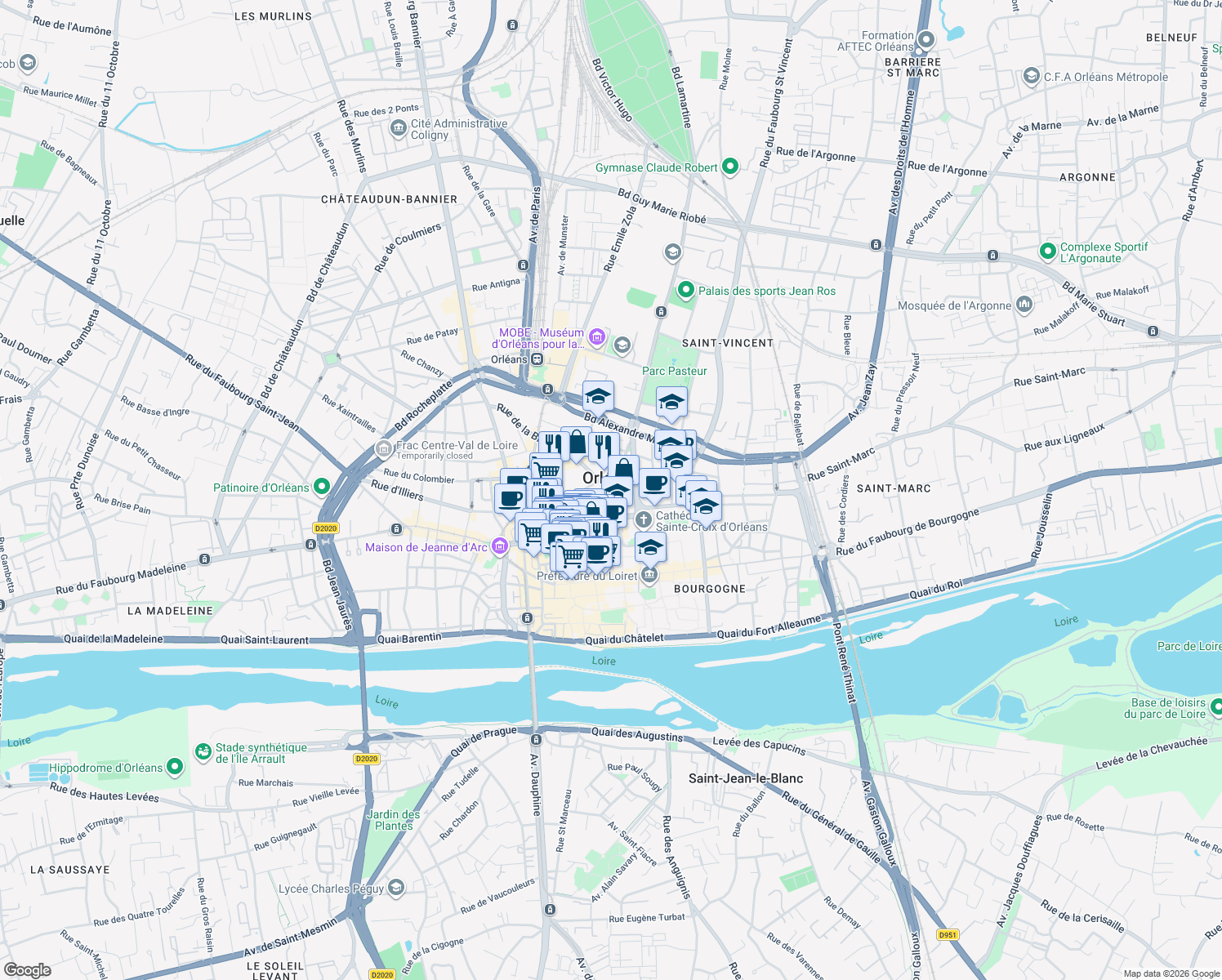map of restaurants, bars, coffee shops, grocery stores, and more near in Orléans