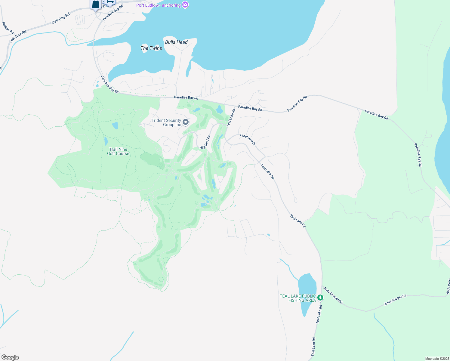 map of restaurants, bars, coffee shops, grocery stores, and more near 22 Argyle Lane in Port Ludlow