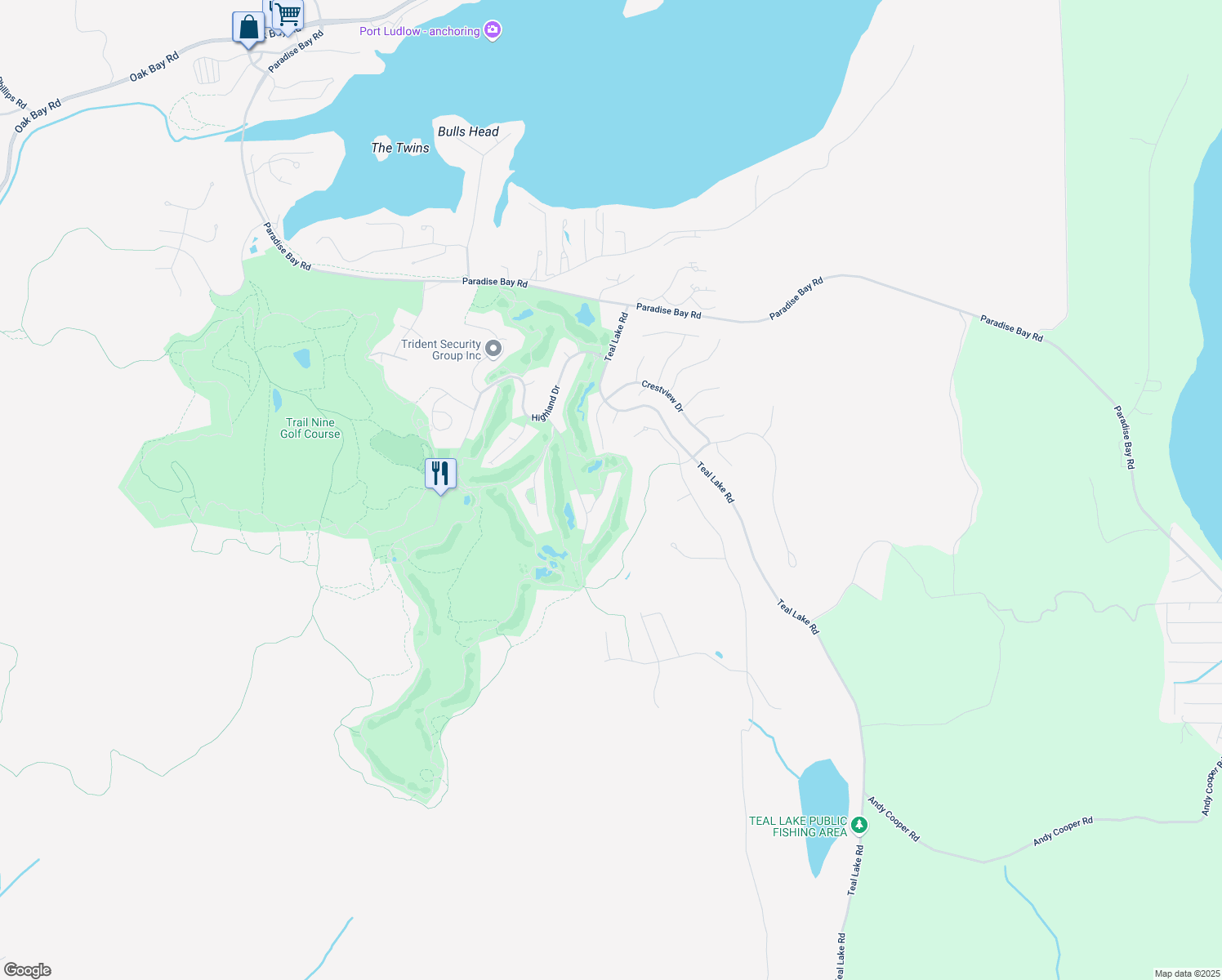 map of restaurants, bars, coffee shops, grocery stores, and more near 22 Argyle Lane in Port Ludlow