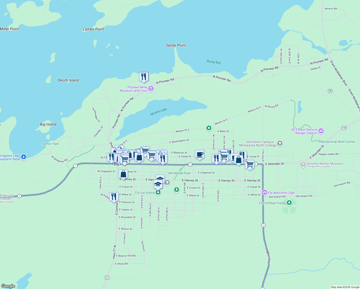 map of restaurants, bars, coffee shops, grocery stores, and more near 616 East Washington Street in Ely