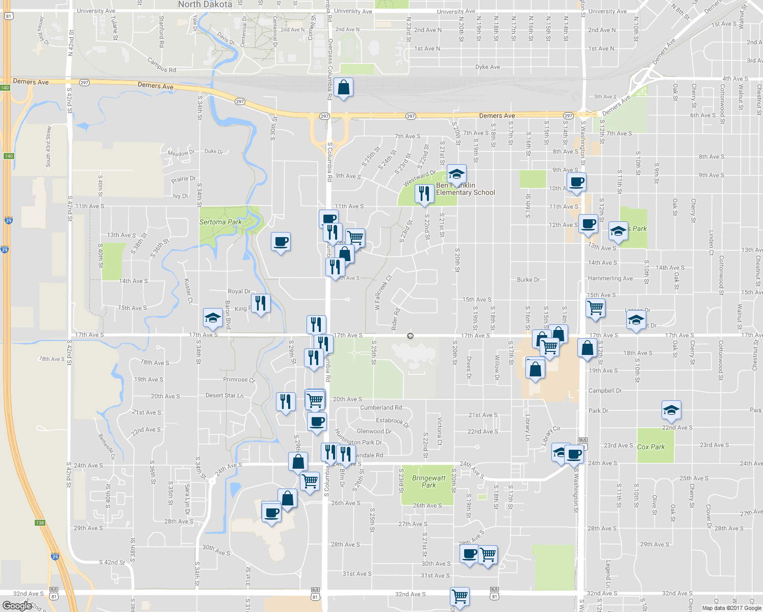 map of restaurants, bars, coffee shops, grocery stores, and more near 2513 West Fallcreek Court in Grand Forks