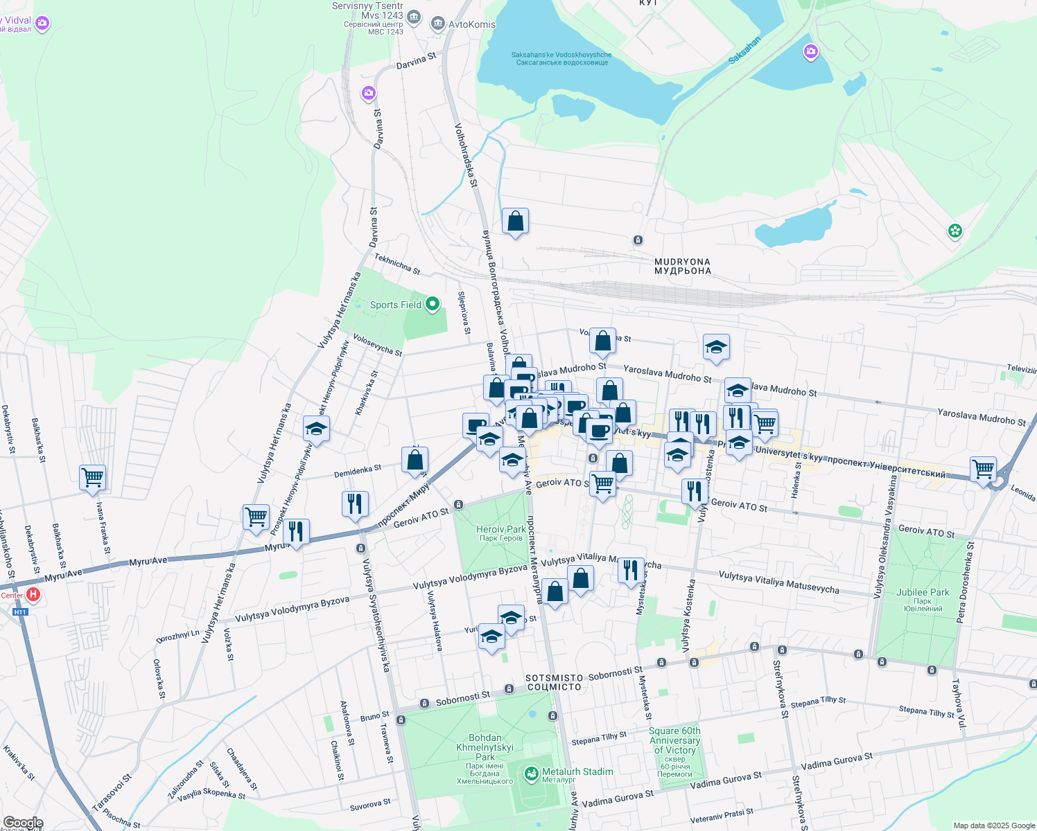 map of restaurants, bars, coffee shops, grocery stores, and more near in Kryvyi Rih