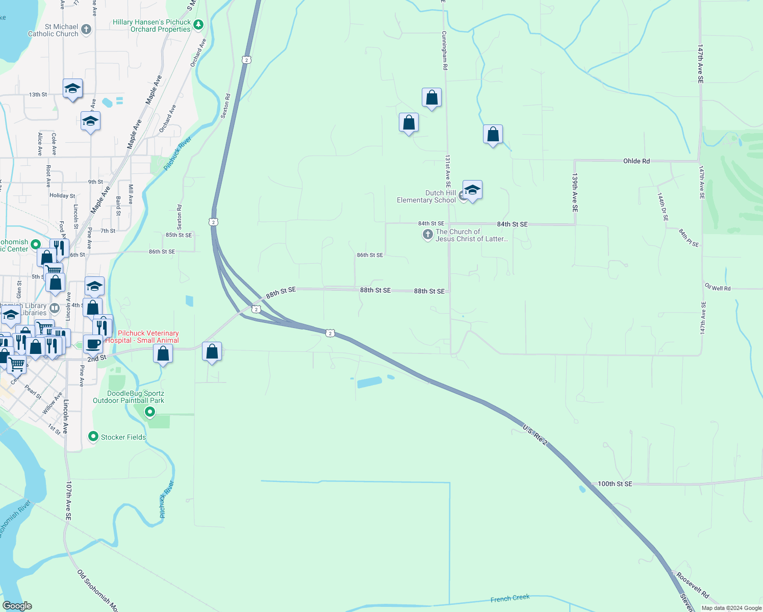map of restaurants, bars, coffee shops, grocery stores, and more near 12626b 88th Street Southeast in Snohomish