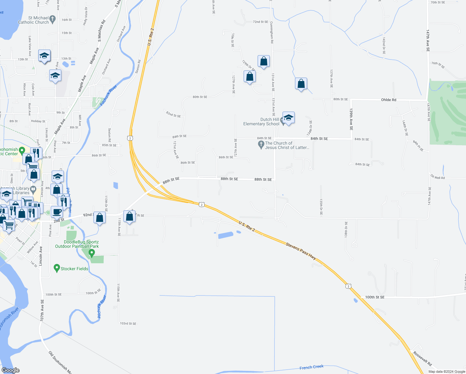 map of restaurants, bars, coffee shops, grocery stores, and more near 12626b 88th Street Southeast in Snohomish